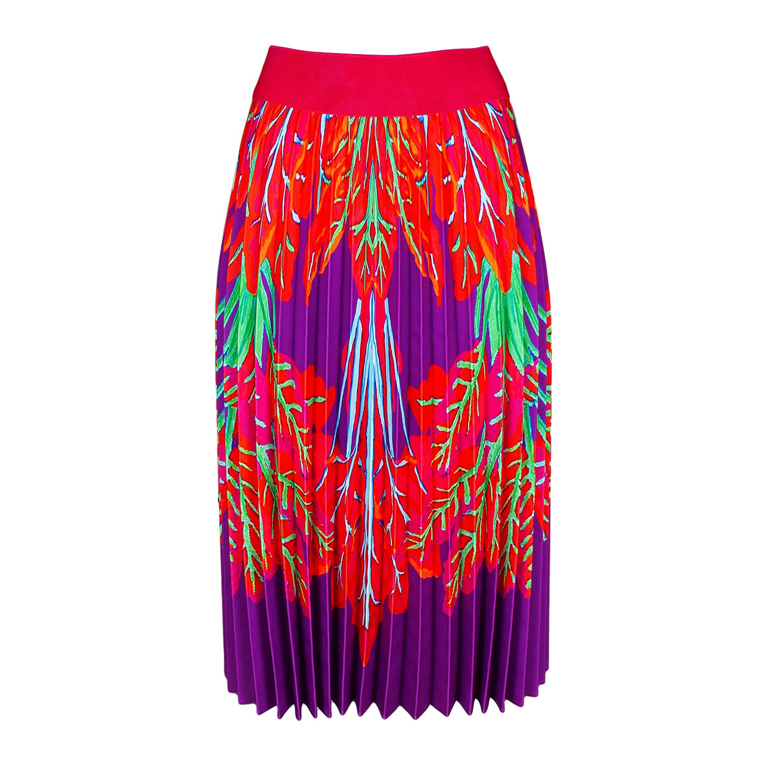 Lalipop Design Women's Half Circle Pleated Purple Midi Skirt With Red Leaves Print In Purple/red