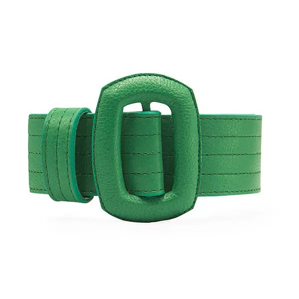 Beltbe Women's Stitched Leather Oval Buckle Belt - Emerald Green In Gray