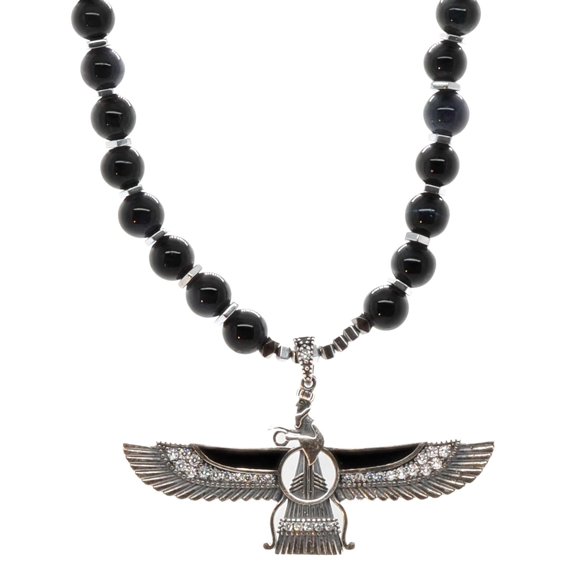 Women’s Black / Silver Guardian Angel Faravahar Pendant Black Tourmaline Beaded Necklace - Black Ebru Jewelry