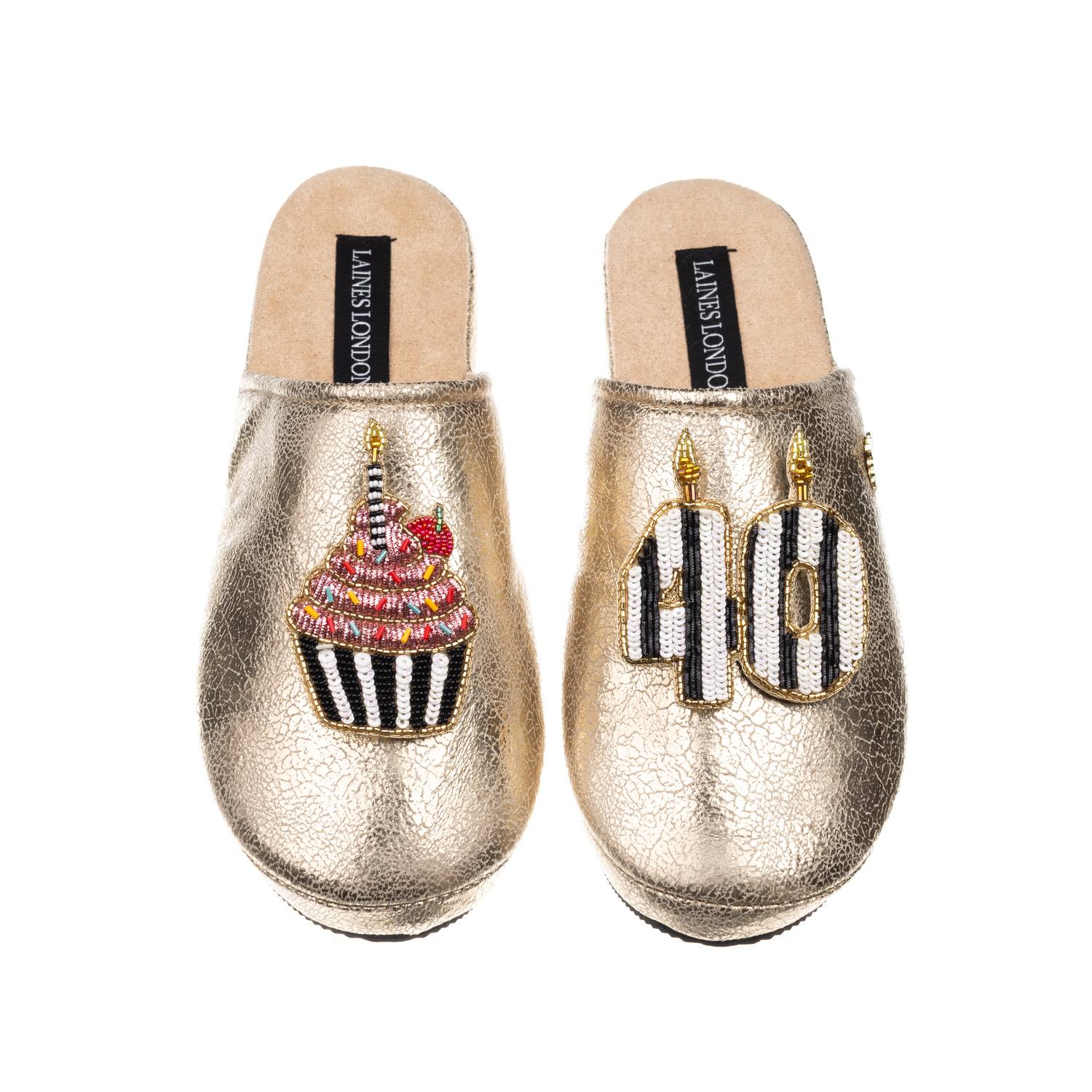 Laines London Women's Laines Gold Softie Slippers With Stripe 40th Birthday & Cake Brooches In Gold