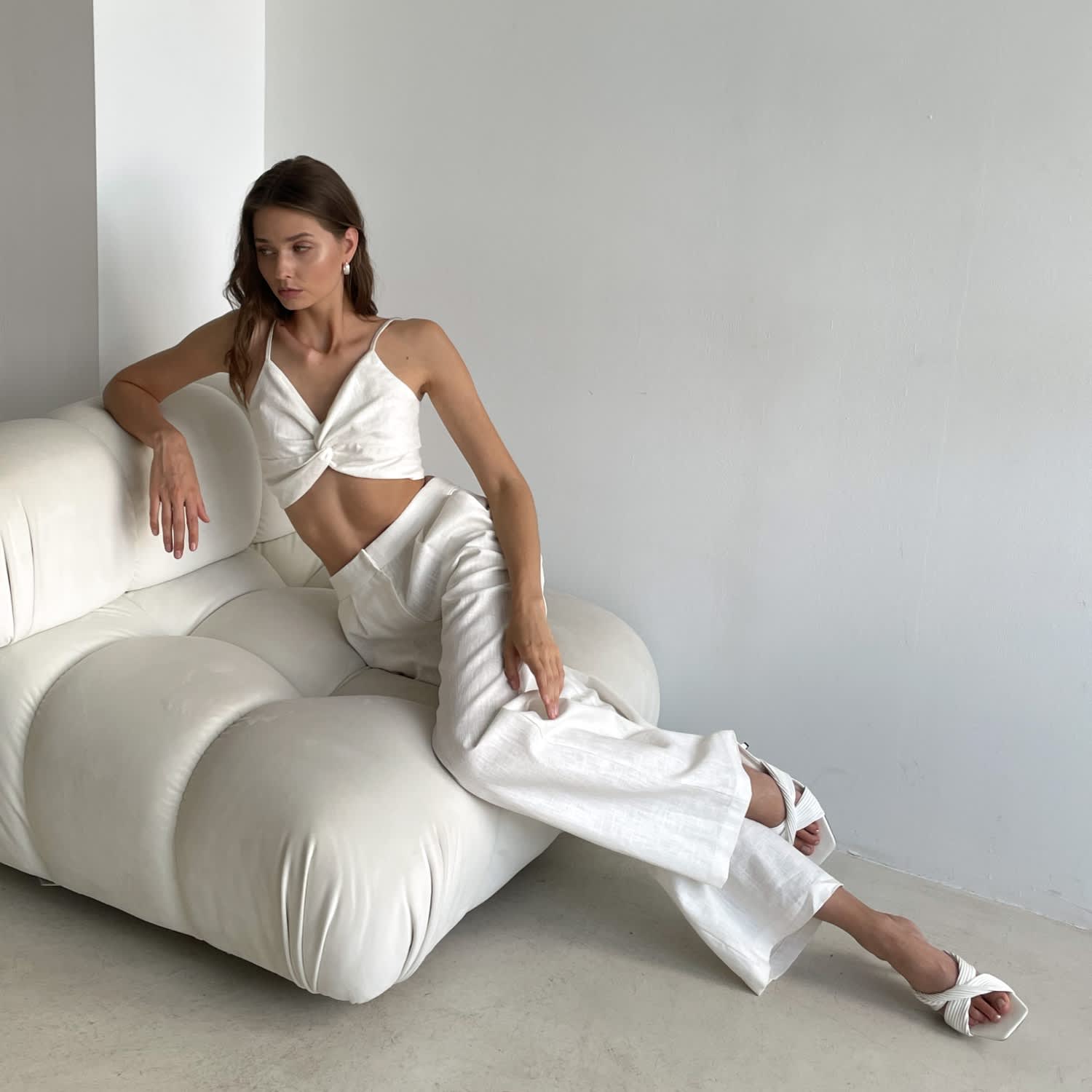 Extra Tall White Linen Trousers - Straight, High-Waisted & Adjustable, KK