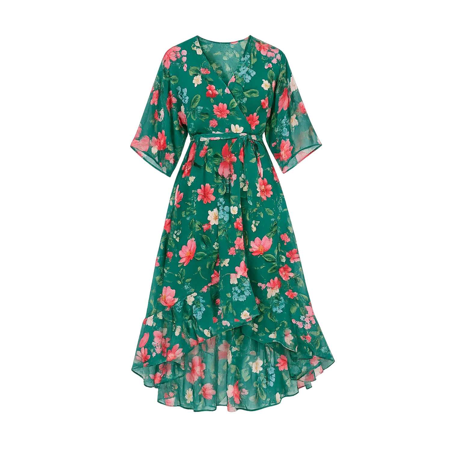 Yumi Green Floral Kimono Wrap Dress With Dip Hem | Yumi | Wolf & Badger