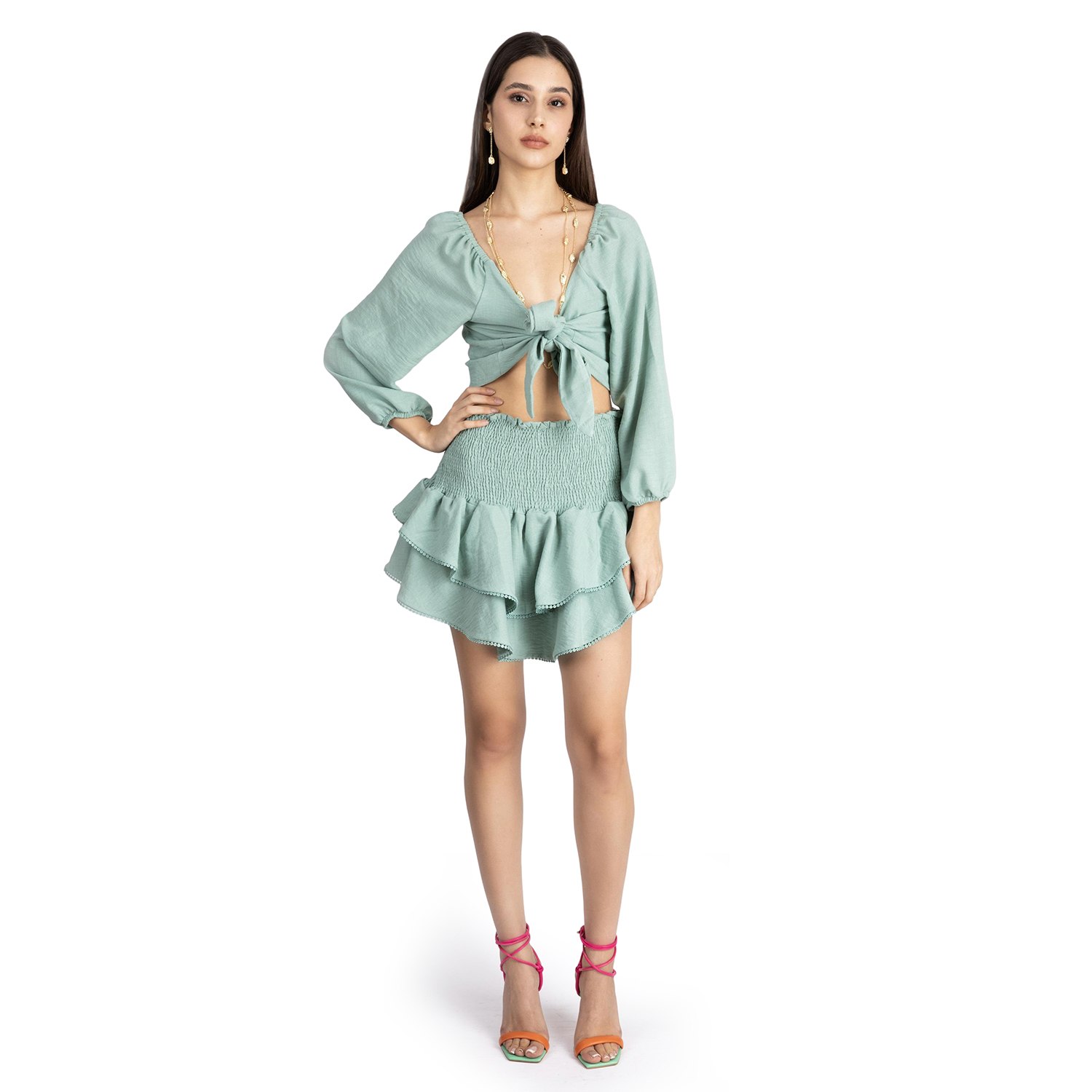 Melena Green Women's Crop Blouse & Skirt Set | Medium | Ilvi