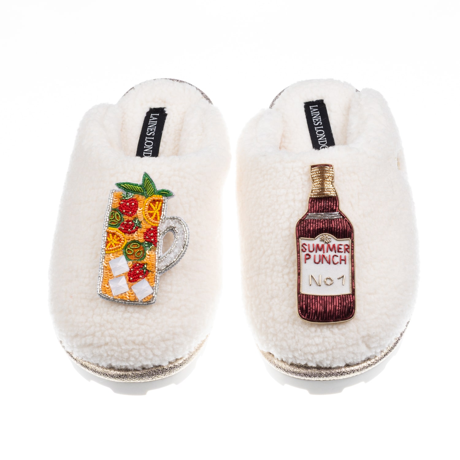 Laines London Women's Neutrals / White Teddy Closed Toe Slippers With Summer Punch Brooches - Cream In White