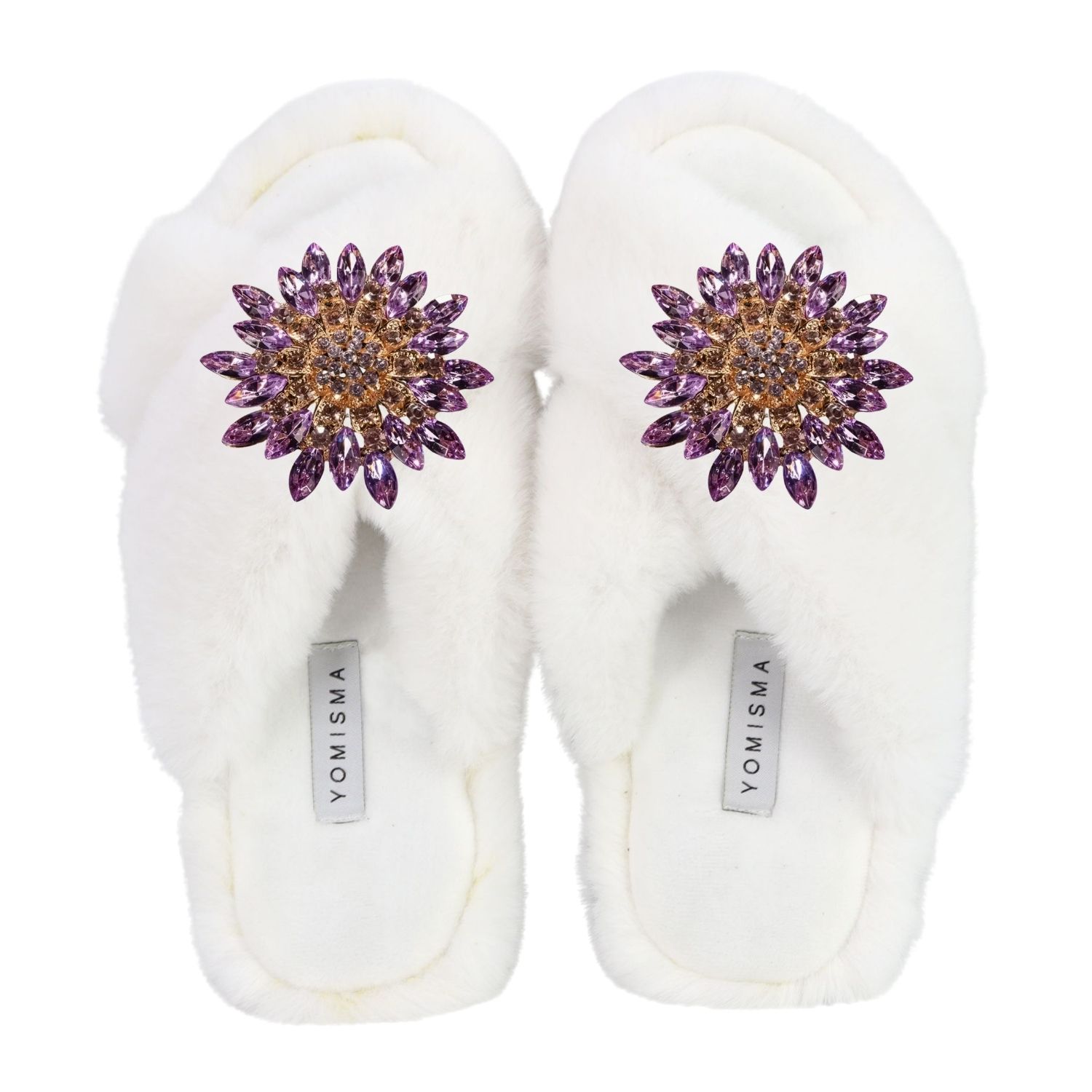 Yomisma Women's White Faux Fur Slippers - Global Recycled Standard Certified With Lavender Jewel Embellishme In White