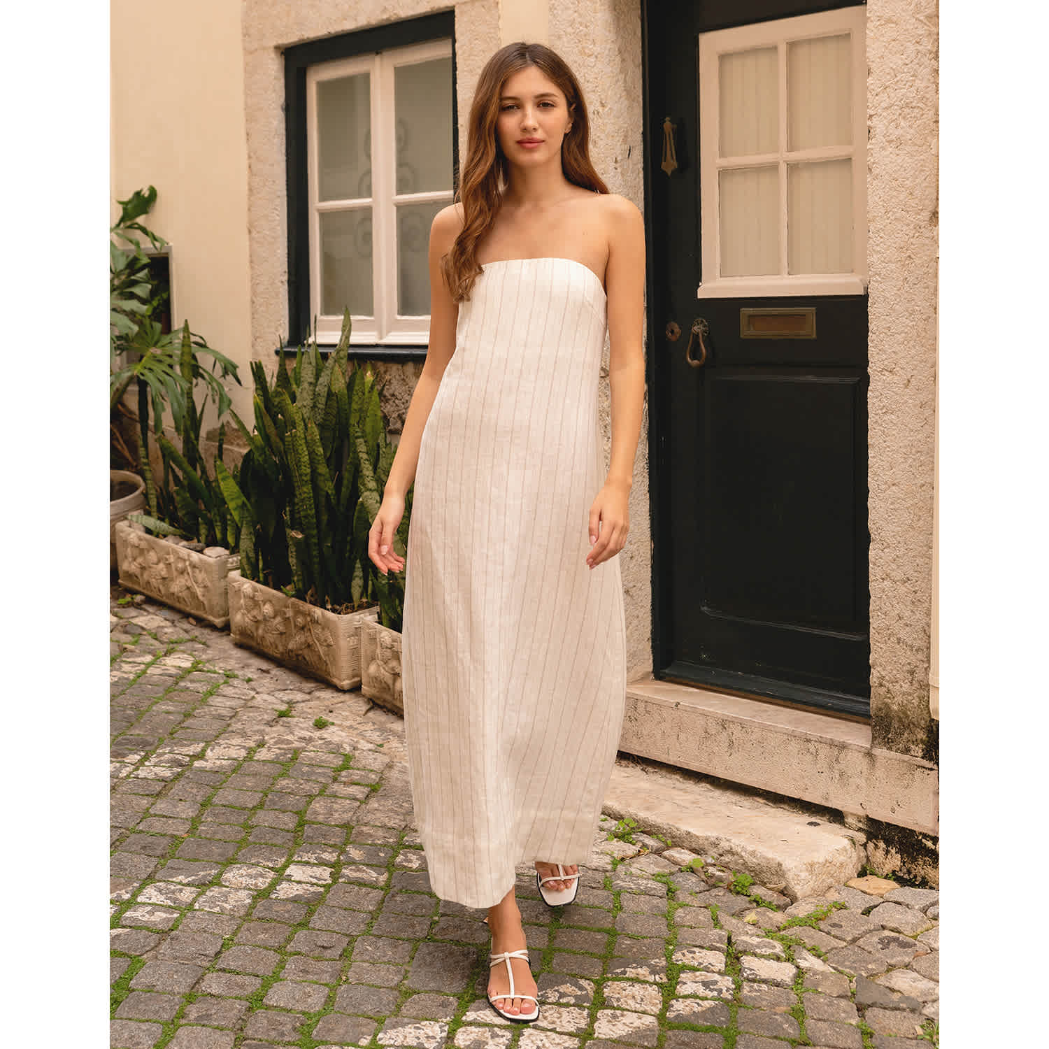 Nuaje Nuaje Rhea Strapless Midi Linen Stripe Dress - White