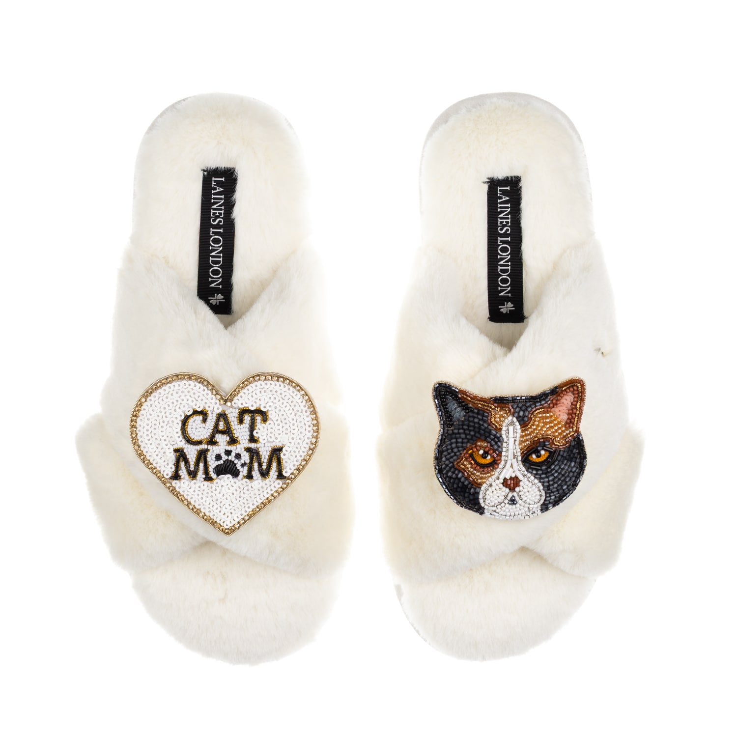 Laines London Women's Neutrals / White Classic Slippers With Cat Mum/mom & Domestic Shorthair Calico Cat Brooches  In White