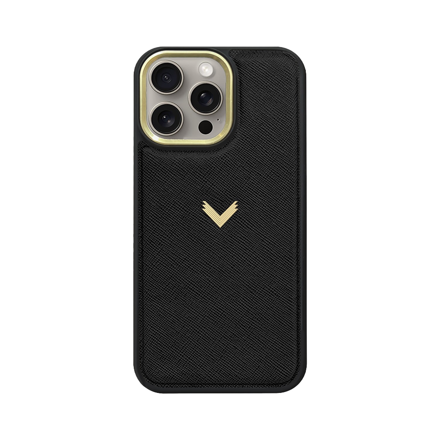 Velante Calf Leather Phone Case, Saffiano Texture, Gold - Black In Black