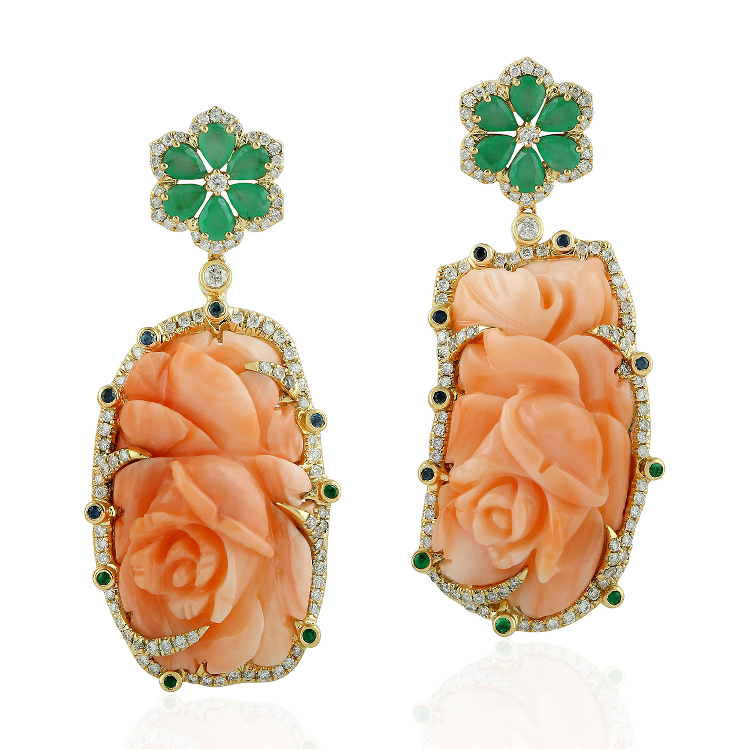 Women’s Gold / White Carved Flower Coral & Blue Sapphire With Emerald Prong Diamond In 18K Gold Dangle Earrings Artisan