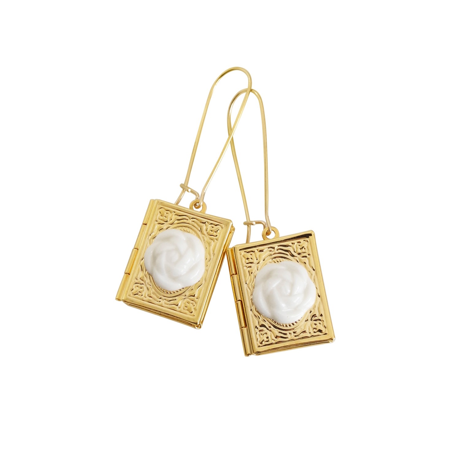 Women’s White / Gold Porcelain Camellia Book Locket Earrings Poporcelain