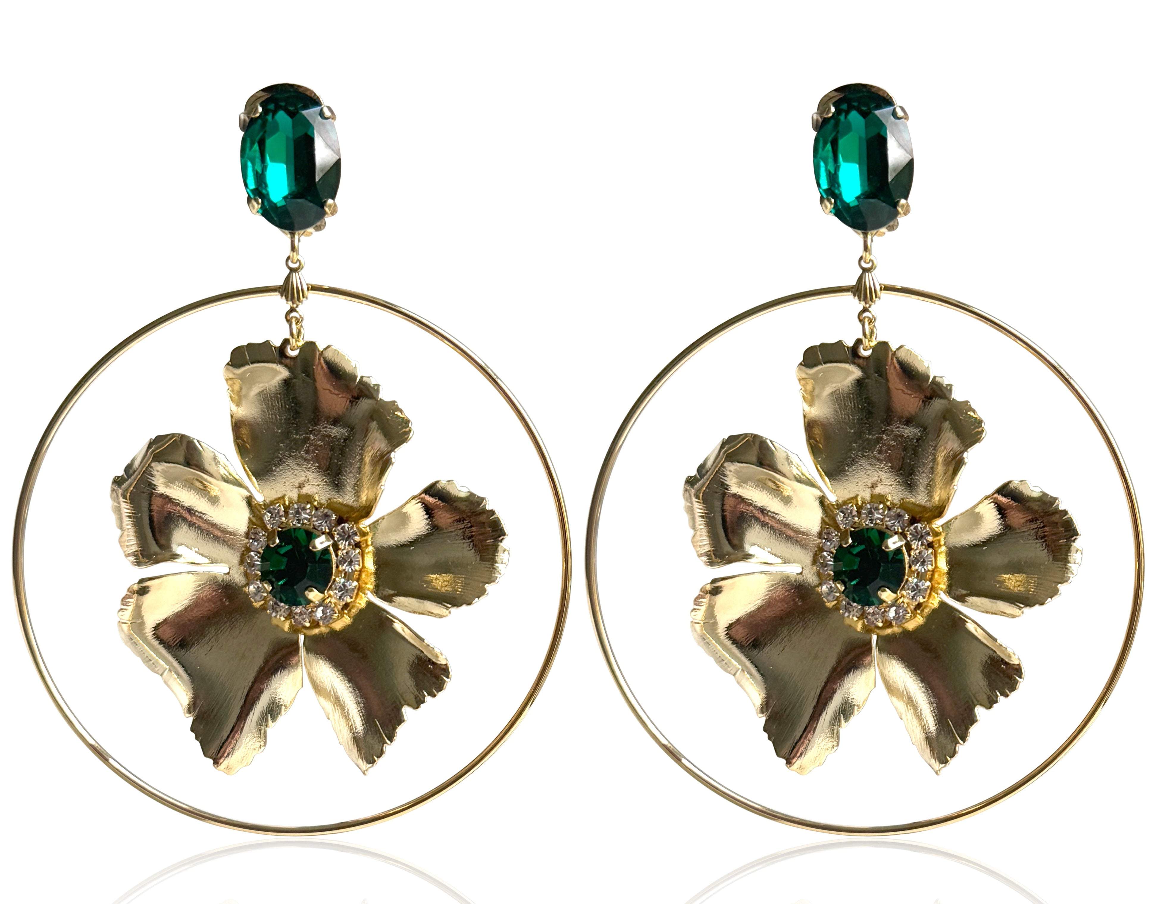 Laura Gray Women's Green Hayden Emerald Gold Flower Hoop Earrings In Green