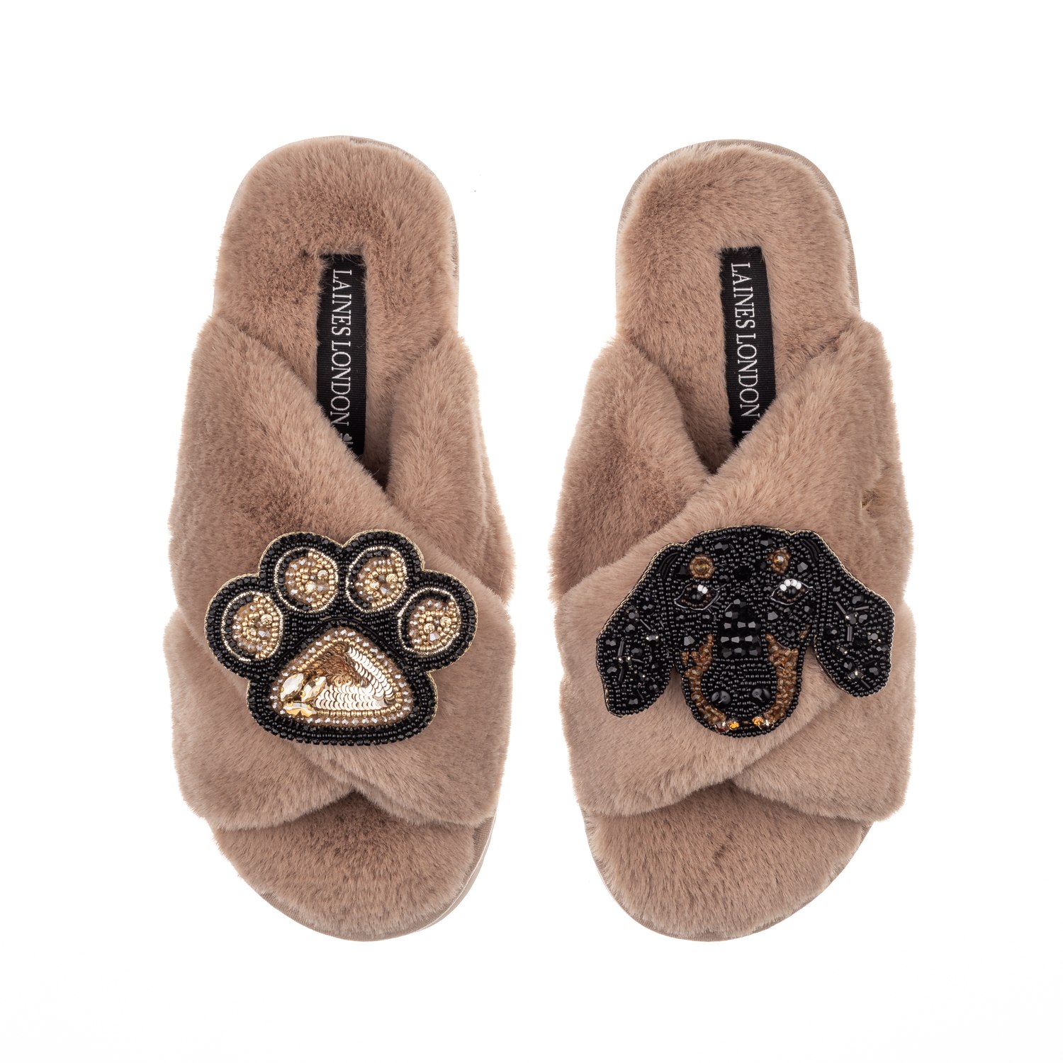 Laines London Women's Brown Classic Laines Slippers With Little Sausage & Paw Brooches - Toffee