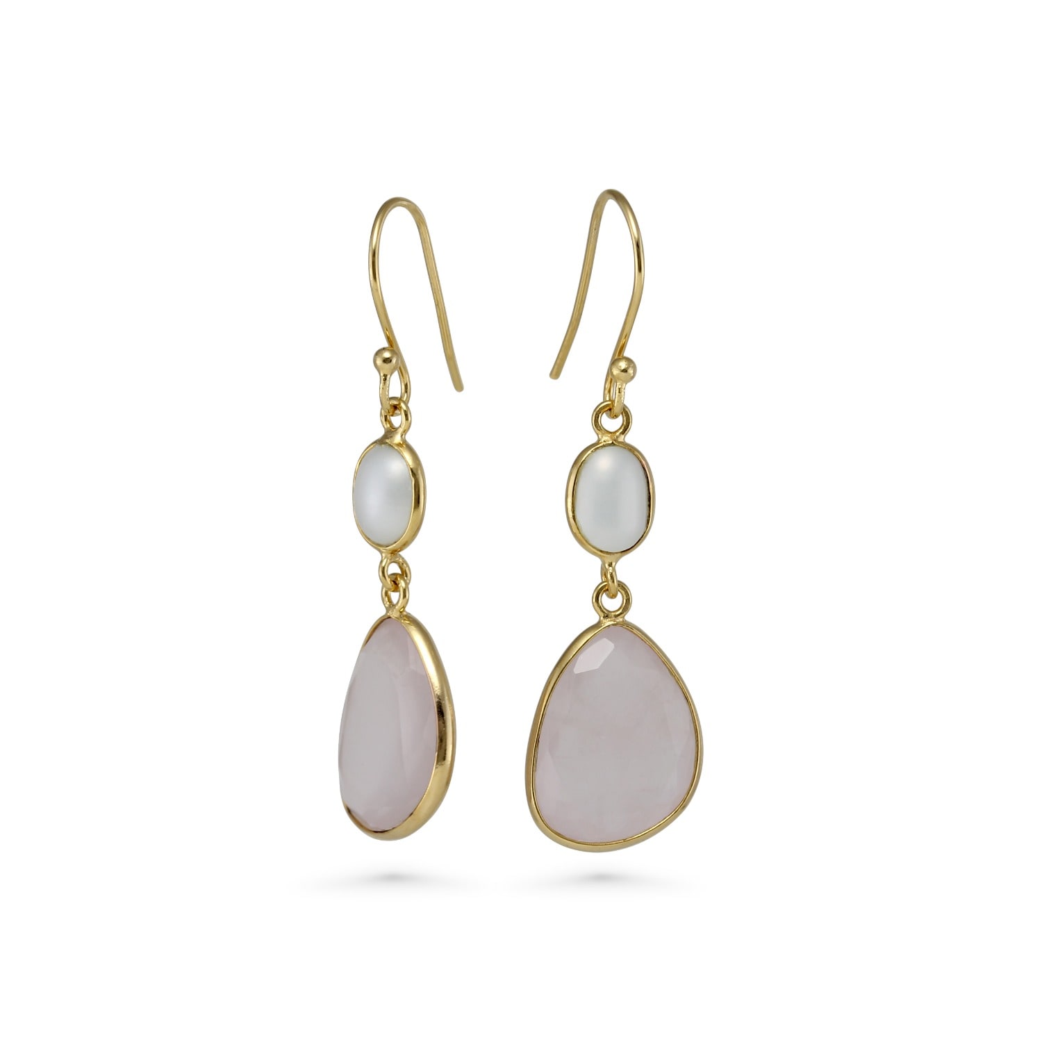 Isla Silver Women's Gold / Pink / White Gold Vermeil Pearl & Rose Quartz Drop Earrings