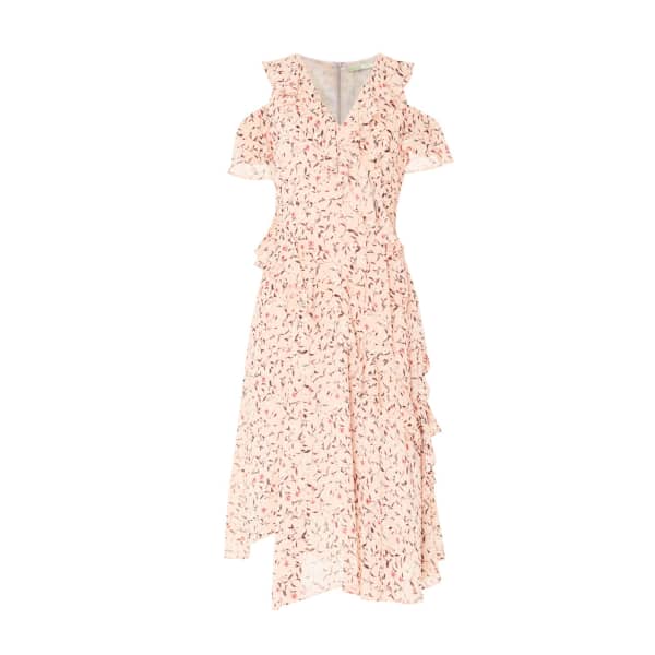 PAISIE Floral Cold Shoulder Dress With Frills & Skirt Overlay In Pink Floral