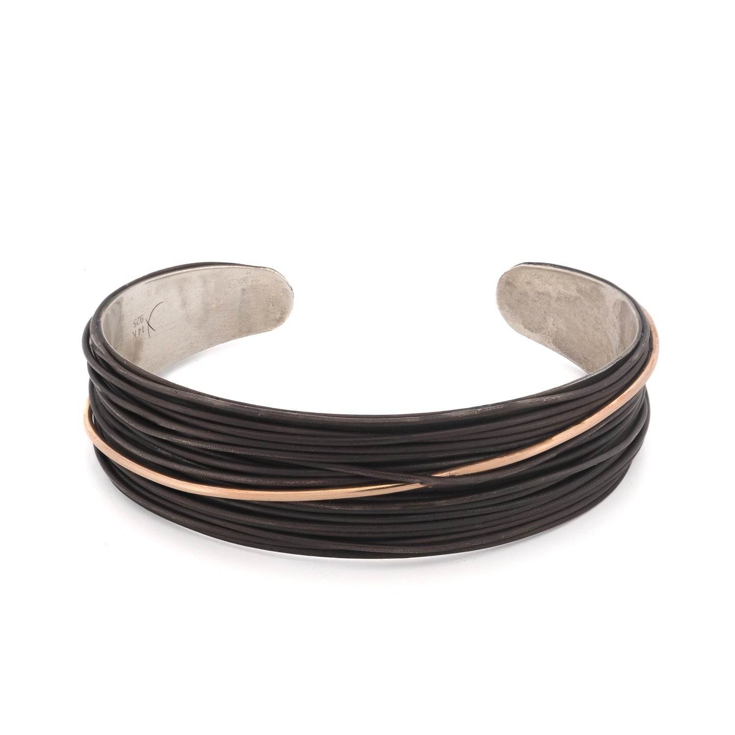 Ebru Jewelry Men's Black / Silver / Gold Handcrafted Sterling Silver & Leather Men's Cuff Bracelet - Black In Black