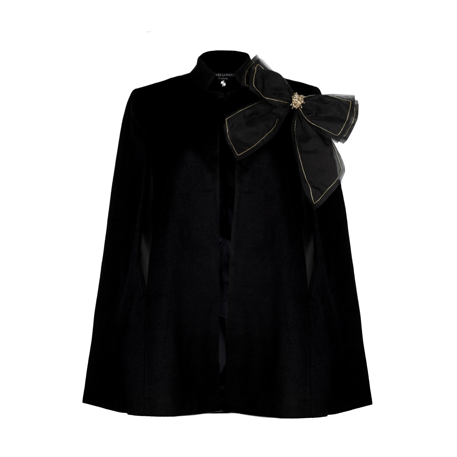 Laines London Women's Laines Couture Wool Blend Cape With Embellished Black & Gold Bow - Black In Black