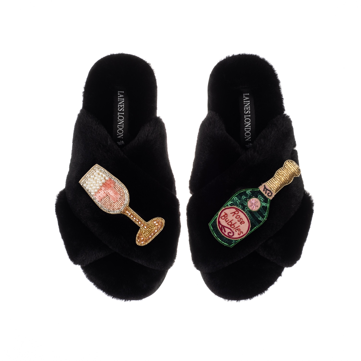 Laines London Women's Classic Laines Slippers With Pink Champagne & Glass Brooches - Black In Black