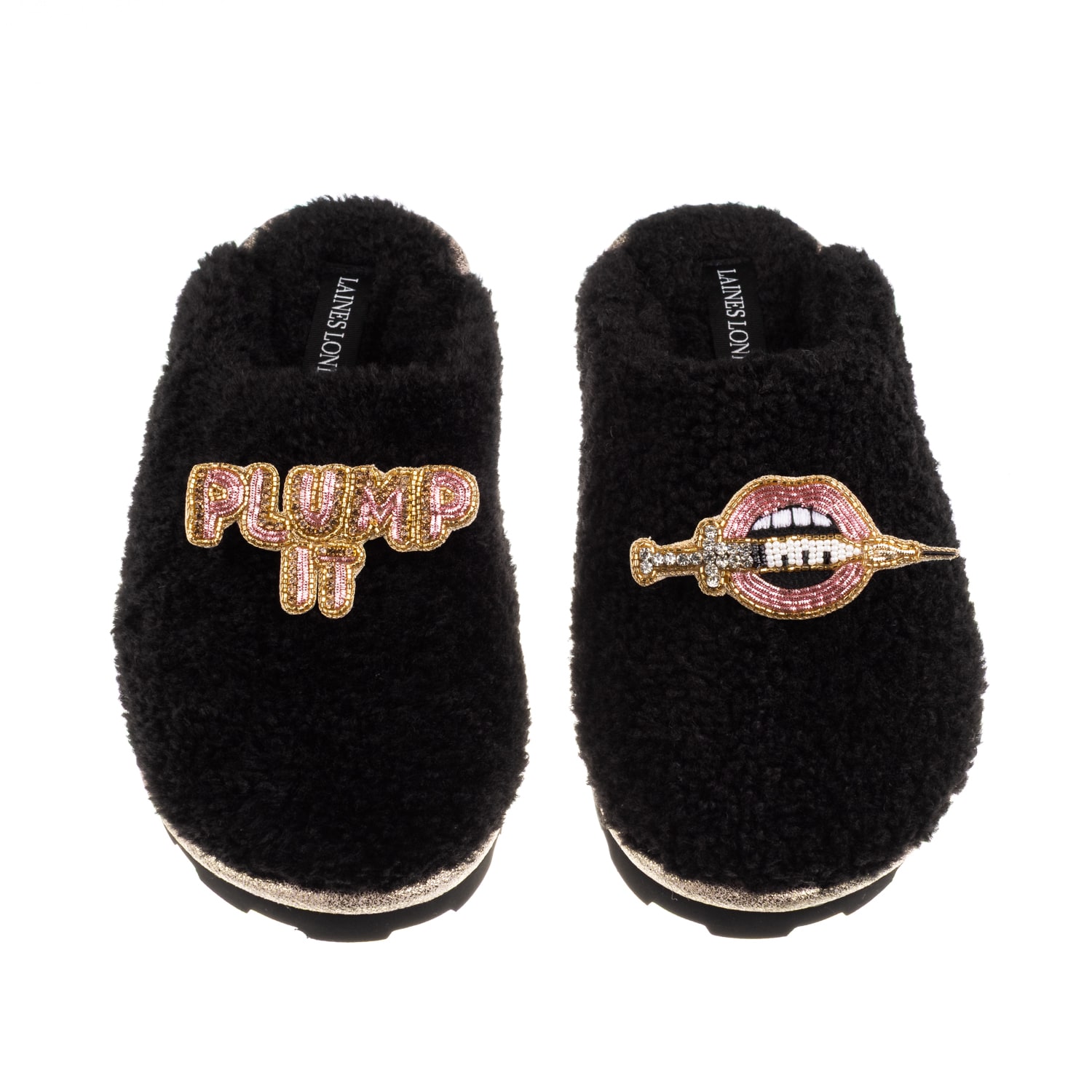 Laines London Women's Teddy Closed Toe Slippers With Plump It Pout Brooches - Black In Black