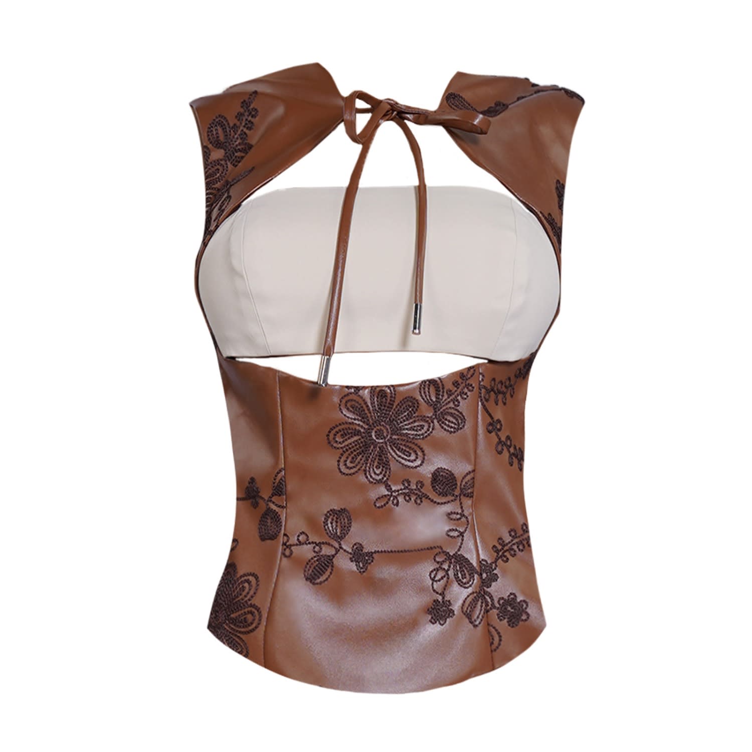 28natelier Women's Brown / White The Embroidered Leather Bandeau In Brown