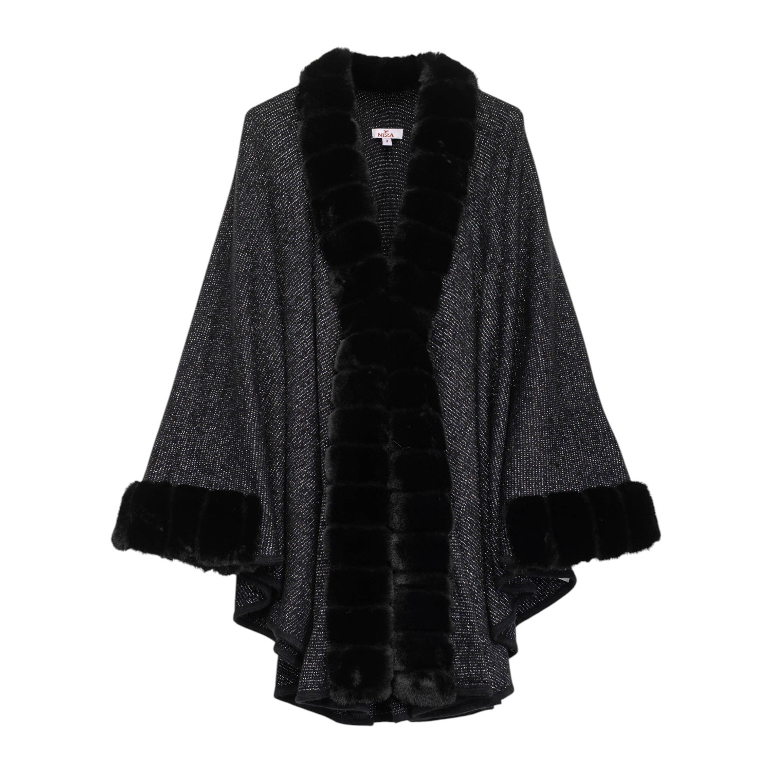 Niza Women's Black Speckled Poncho With Faux Fur Trim In Black