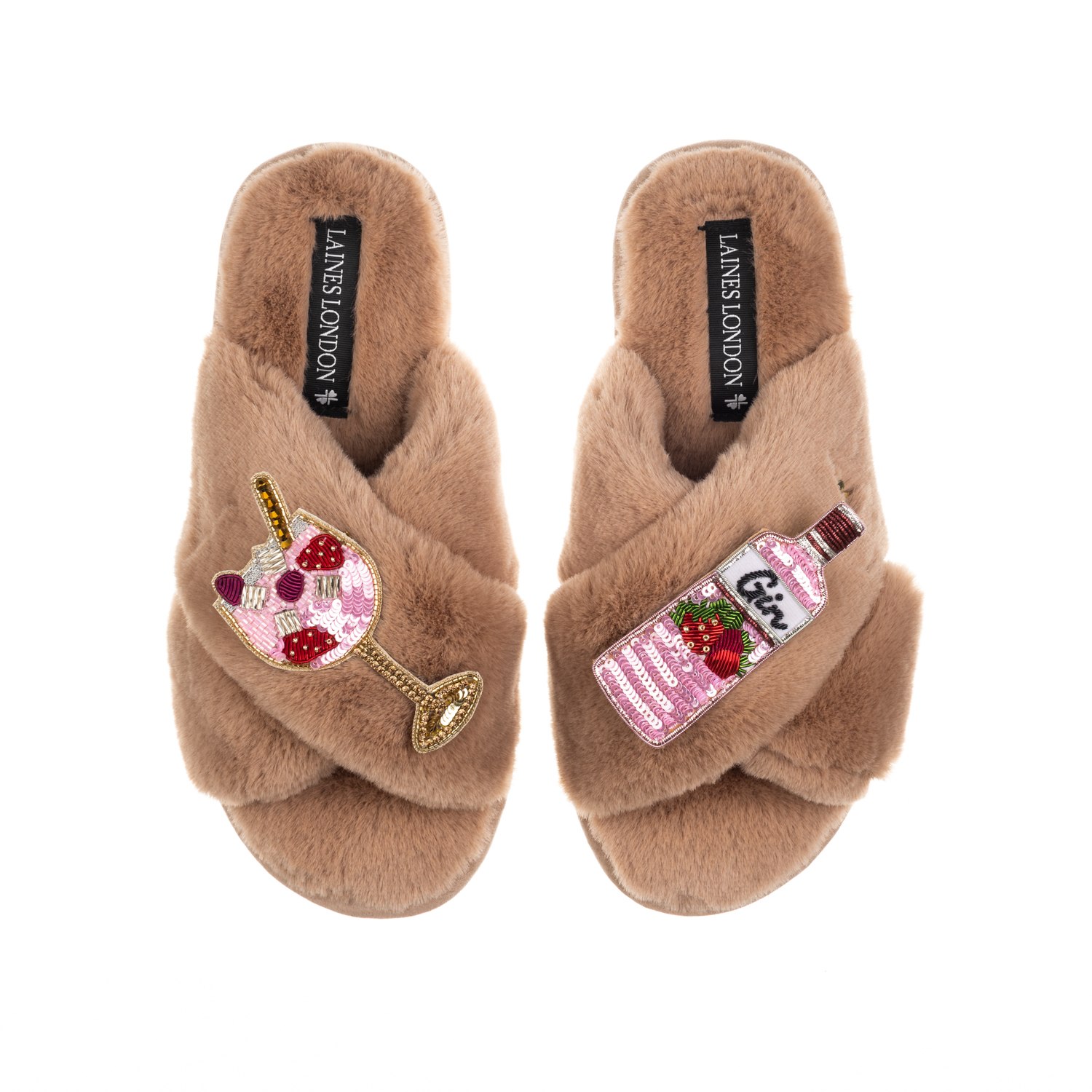 Laines London Women's Brown Classic Laines Slippers With Pink Gin & Fruit Glass Brooches - Toffee In Brown