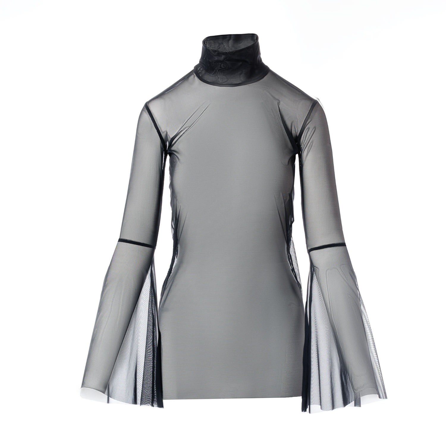 Concept A Trois Women's Black Sheer Mesh Tulle Blouse With Flared Sleeves In Black