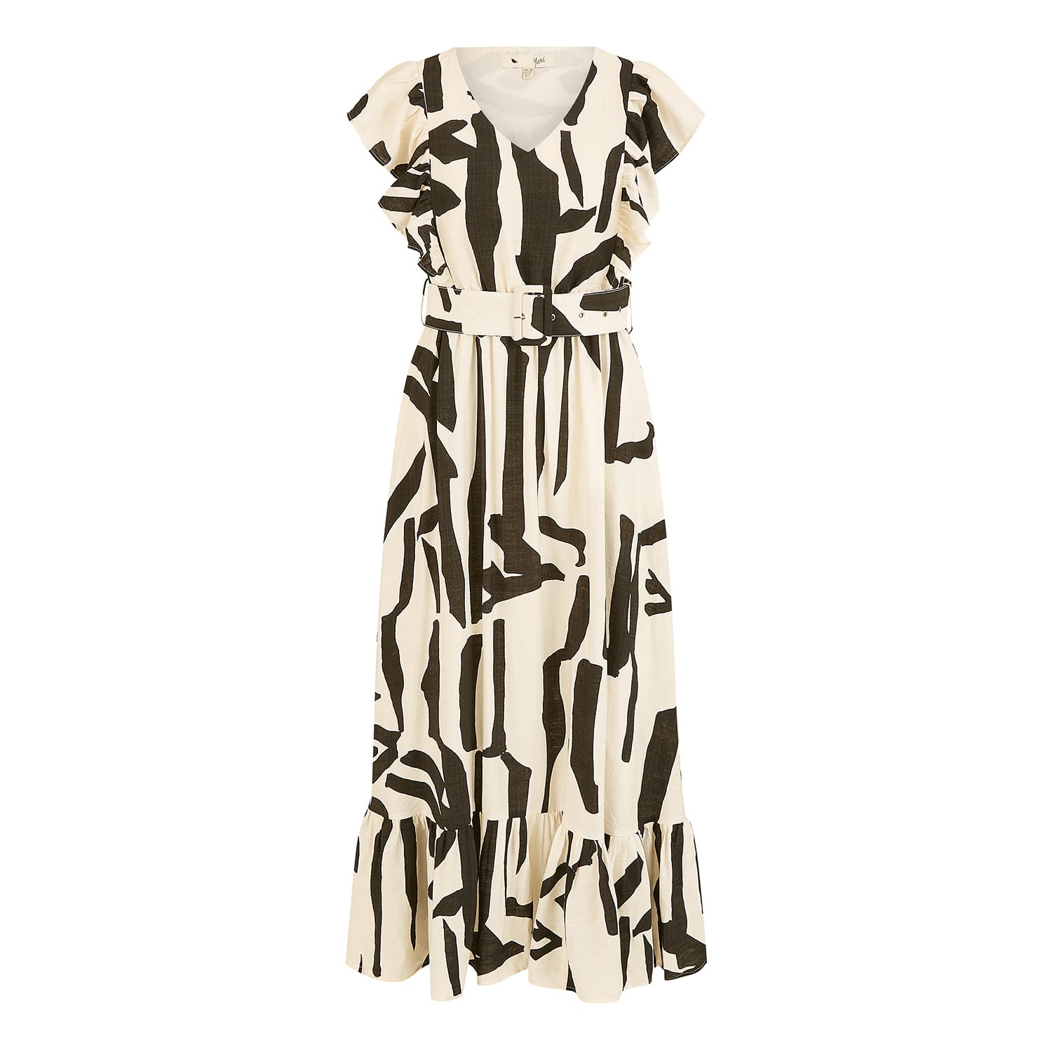 Yumi Women's White  Ivory Abstract Print Viscose Midi Dress With Matching Belt