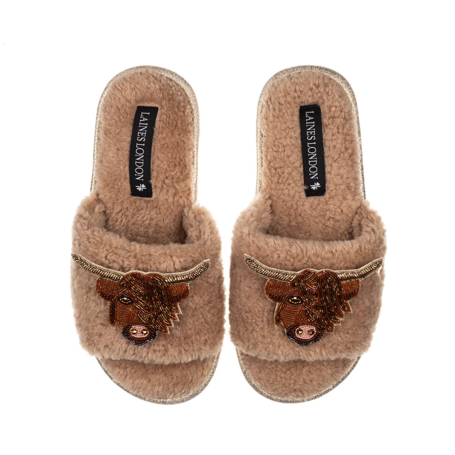Laines London Women's Brown Teddy Toweling Slipper Sliders With Double Highland Cow Brooches - Toffee In Brown