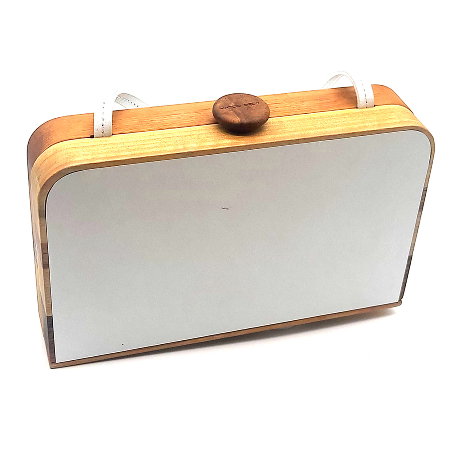 WOOD BELT WOMEN'S WOOD BELT CLUTCH BAG HUASCARAN SAFETY 2030 -  WALNUT WOOD & WHITE LEATHER BAG