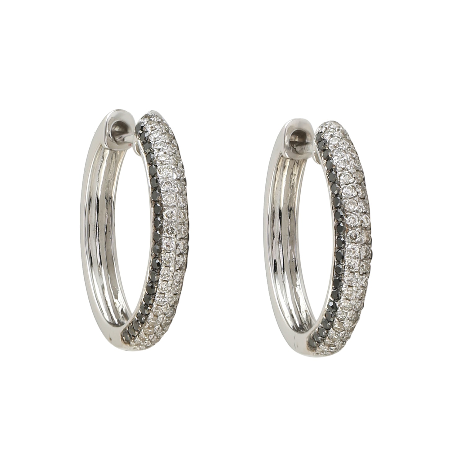 Artisan Women's Black / White Natural Black & White Diamond In White Gold Hoop Earrings