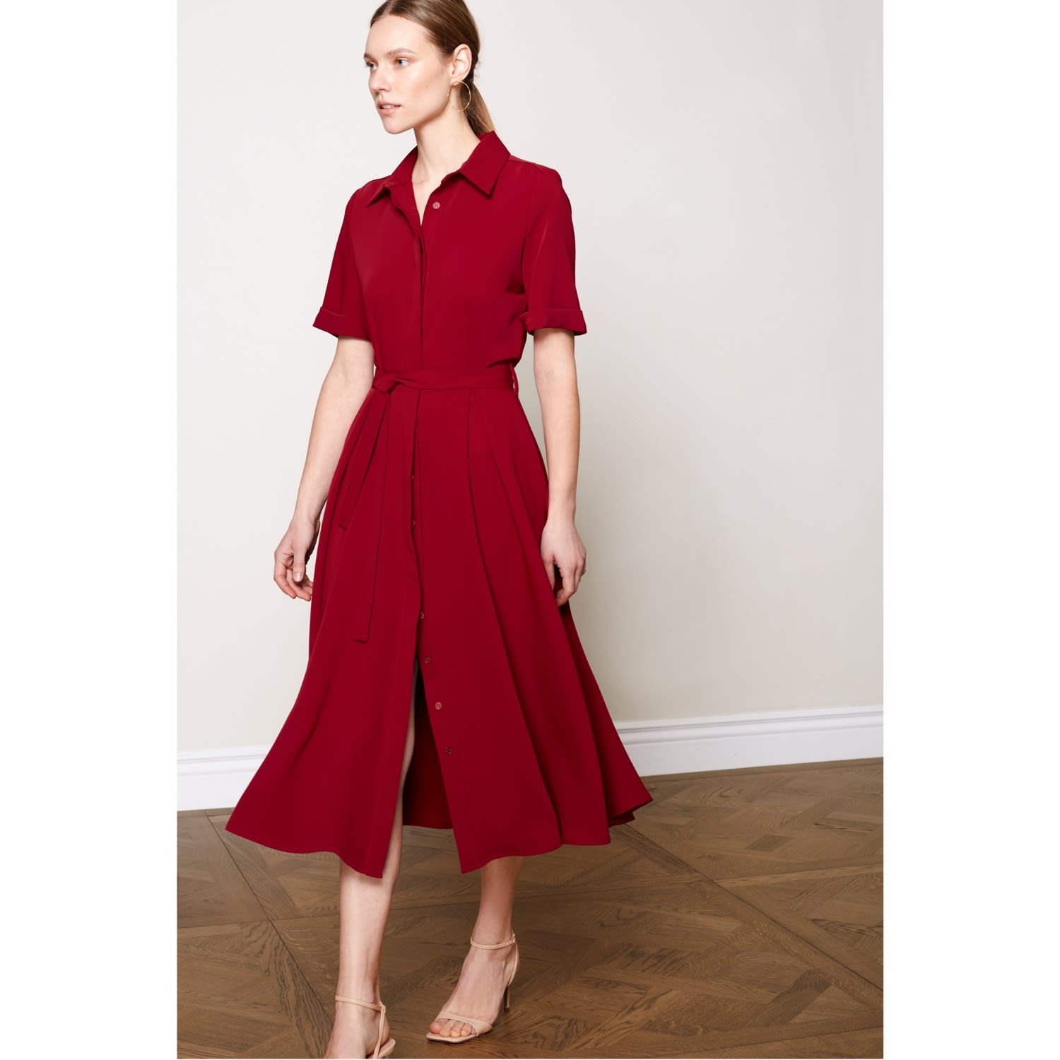 Elada Deep Red Waisted Midi Shirt Dress