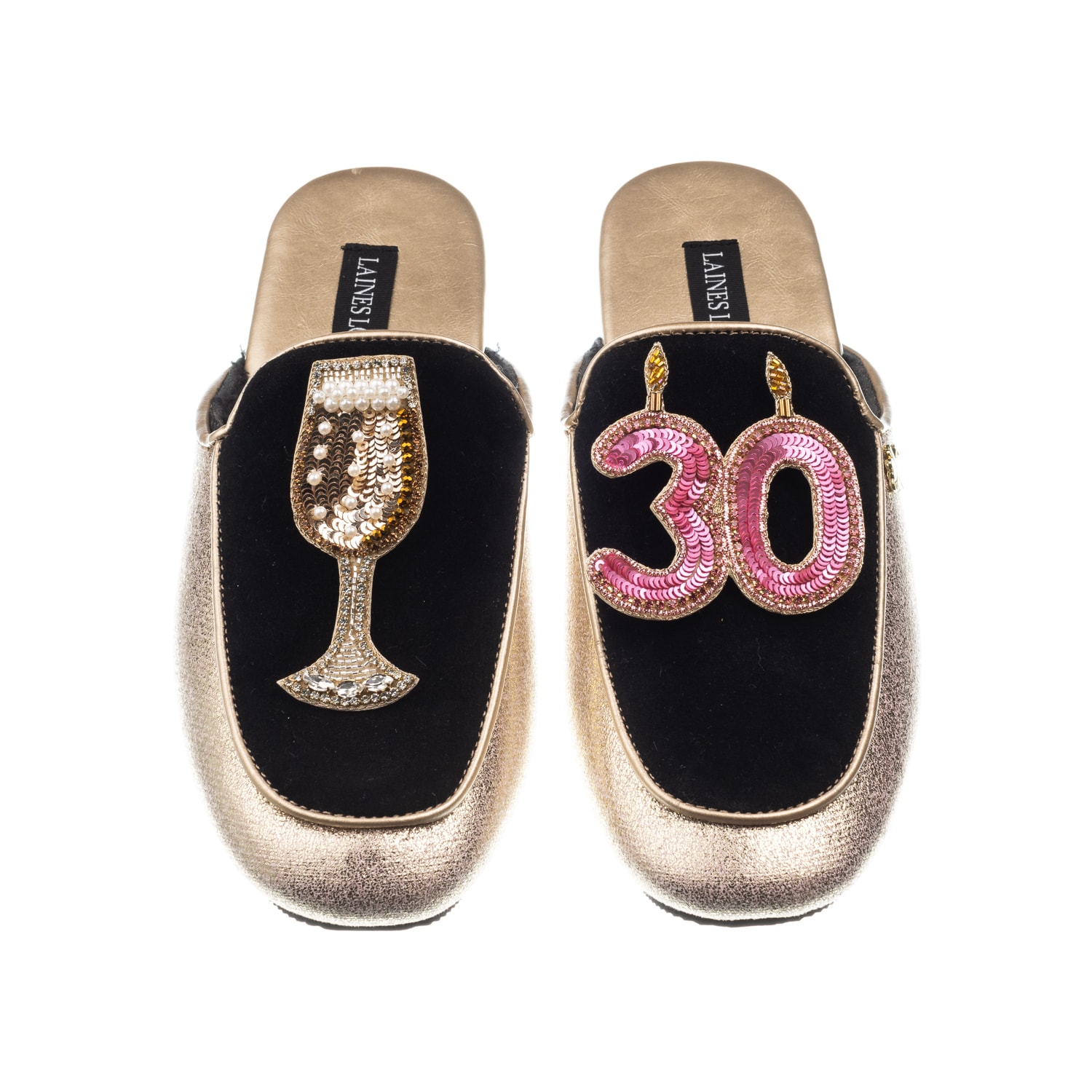 Women’s Black / Gold Classic Mules With 30Th Birthday & Glass Of Champagne Brooches - Black & Gold Small Laines London