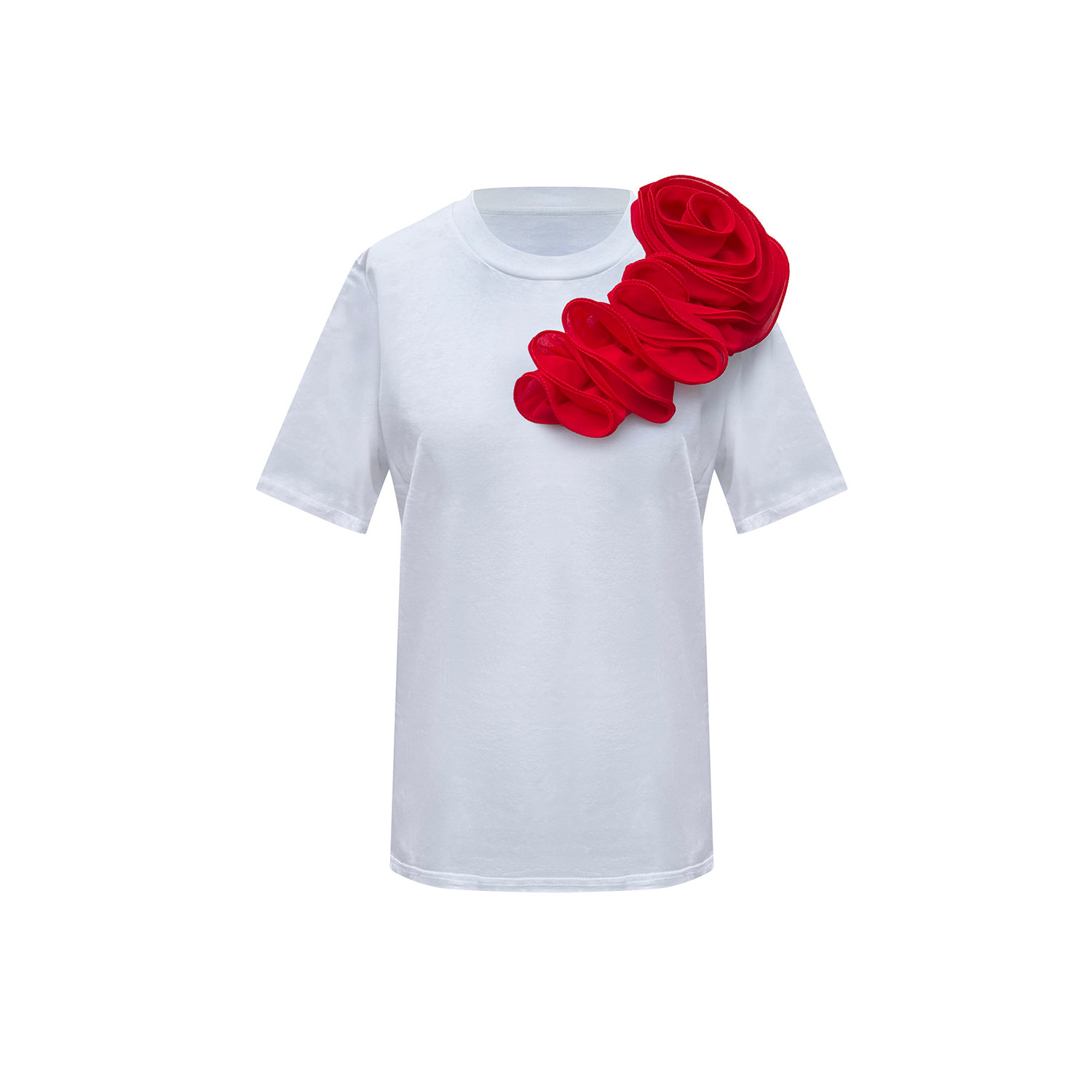Toma Women's White Red Flower Summer Cotton T-shirt In White