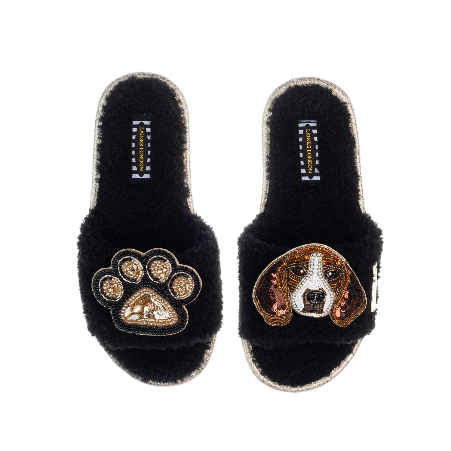 Laines London Women's Teddy Toweling Slippers With Beagle & Paw Brooches - Black
