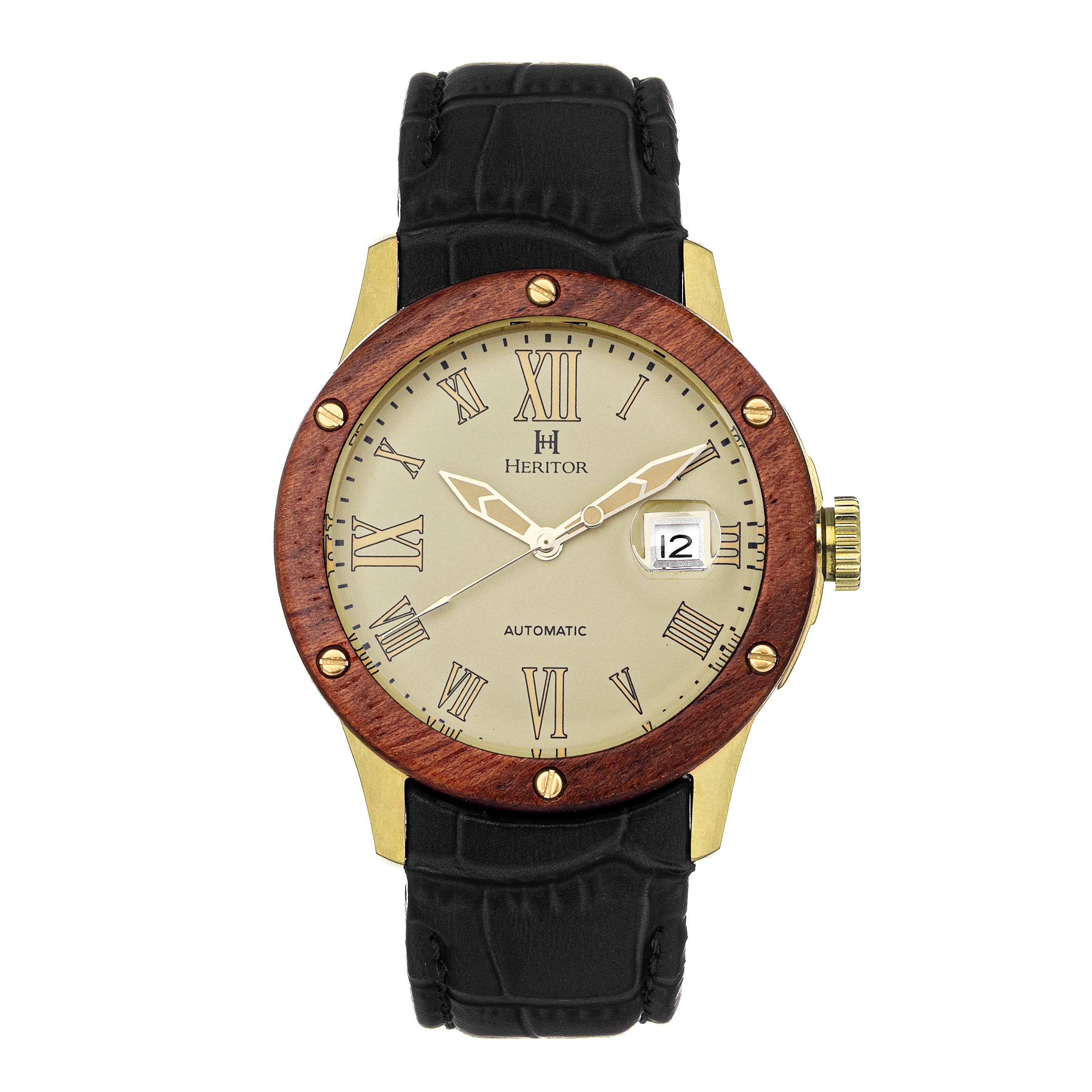 Men’s Everest Wooden-Bezel Leather-Band Watch With Magnified Date - Gold One Size Heritor Automatic