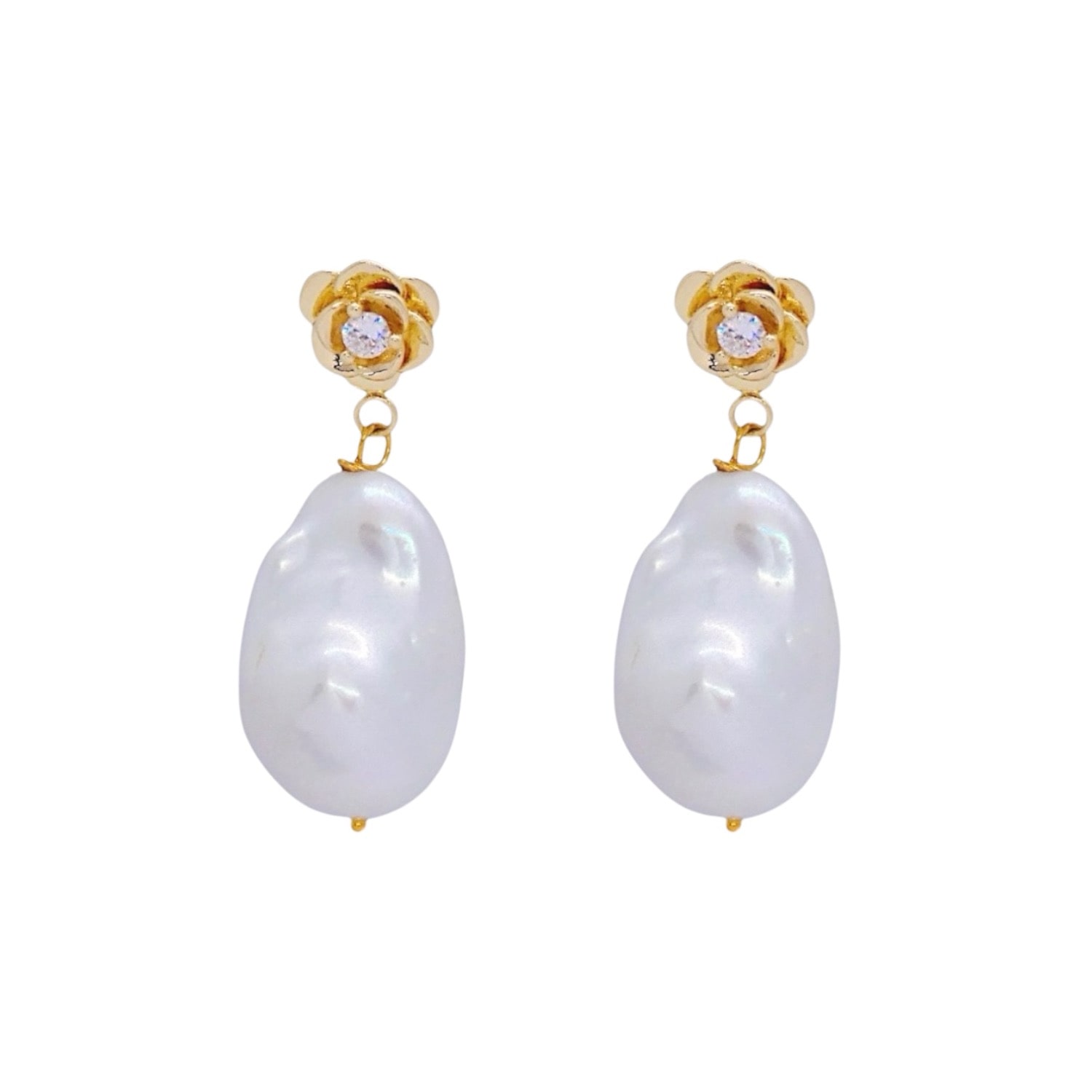 Valerie Chic Women's Gold / White Crystal Rose Baroque Pearl Earrings