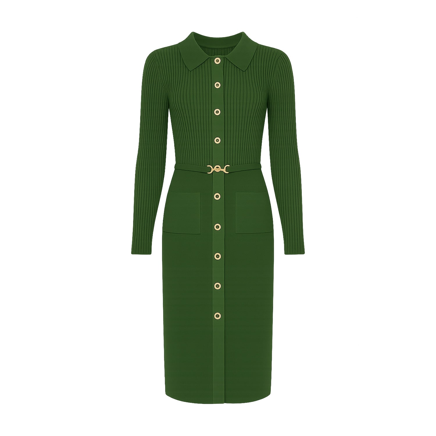 Yumi Belted Rib Knit Midi Dress With Pockets In Green