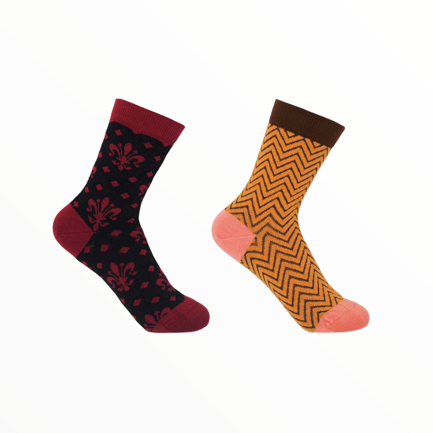 Peper Harow - Made In England Black Fleur De Lis & Mustard Zigzag Women's Socks Two Pack In Black/yellow
