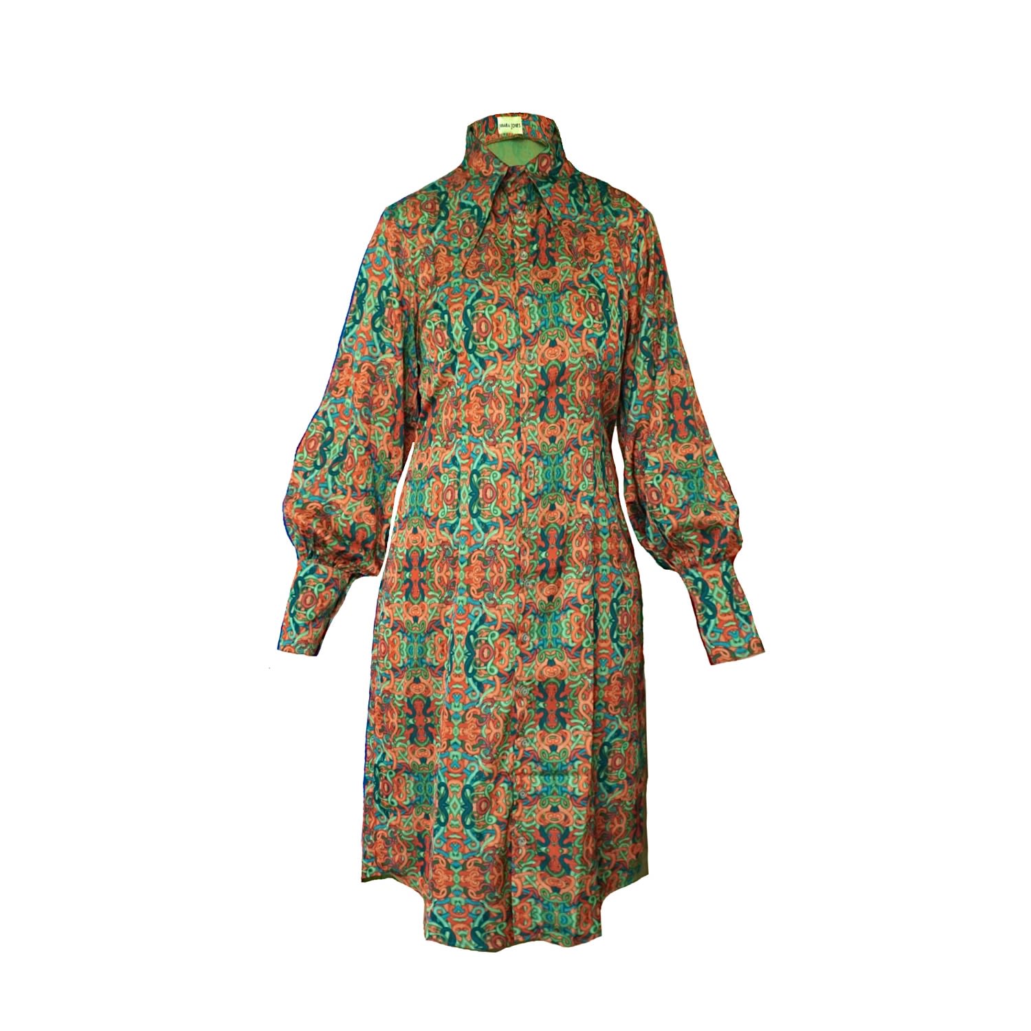 Women’s Brown / Green Snakes Print Satin Long Sleeve Shirt Dress With Buttons Small Janara Jones