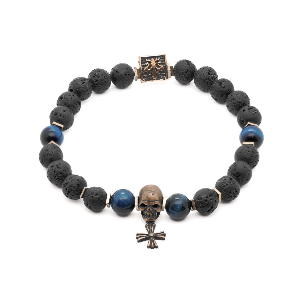 Men’s Gold / Blue / Black Skull Charm Fleur De Lis Symbol Black Beaded Bracelet - Black Ebru Jewelry