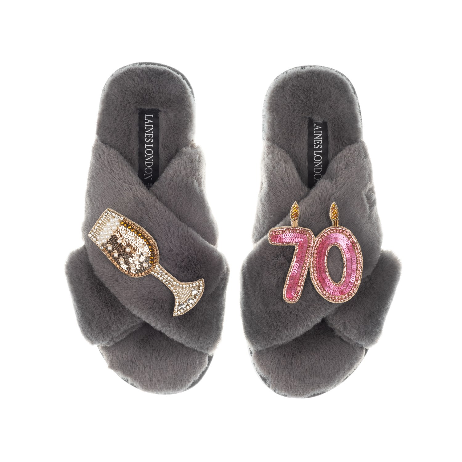 Laines London Women's Classic Laines Slippers With 70th Birthday & Champagne Glass Brooches - Grey In Grey