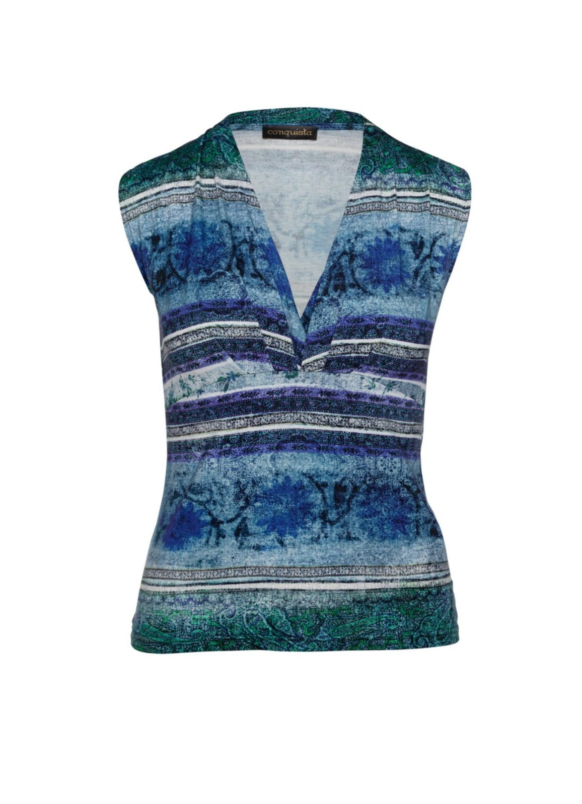 Conquista Women's Blue Print Faux Wrap Sleeveless Top In Petrol In Blue