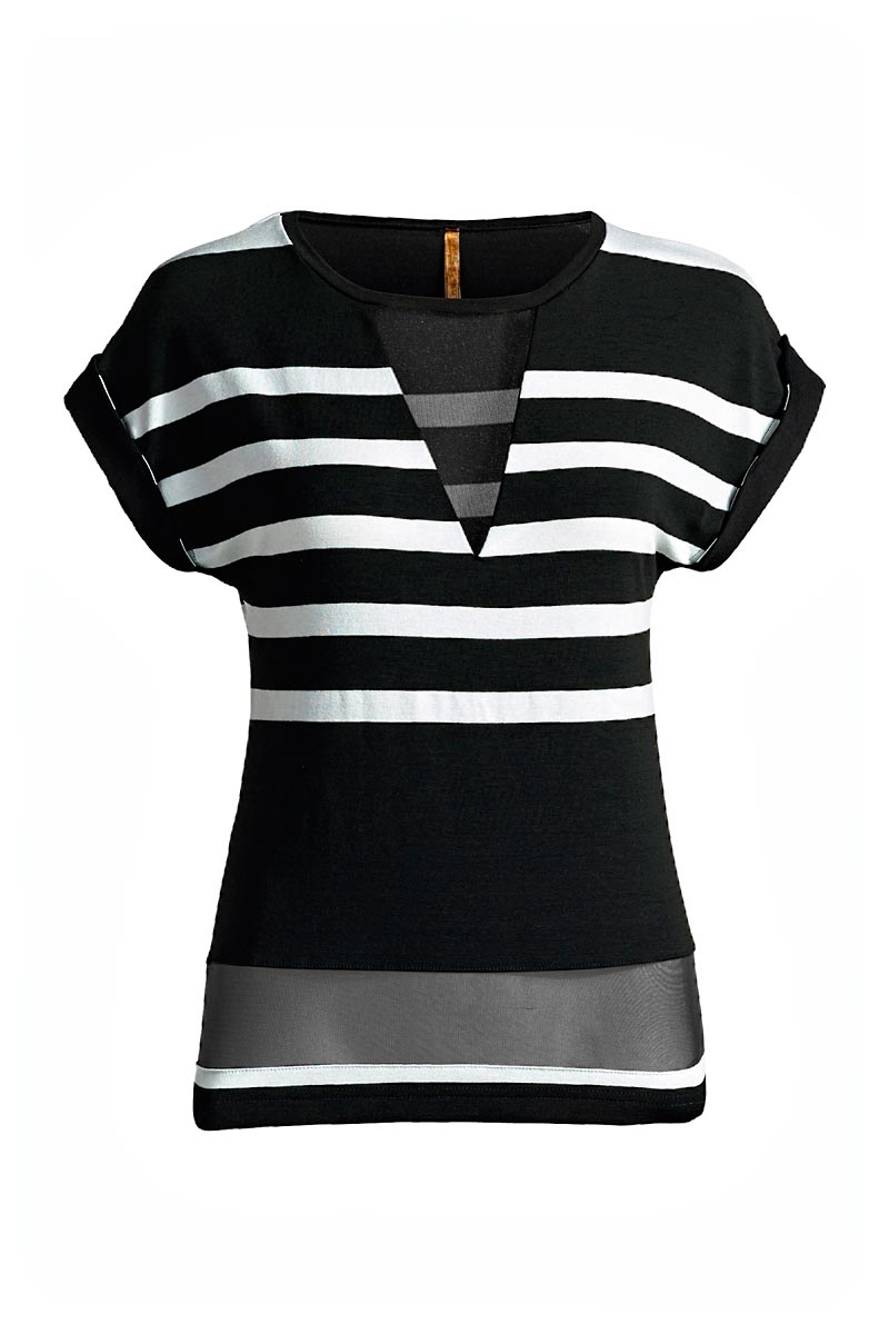 Women’s Black Striped Top With Sheer Detail Large Conquista