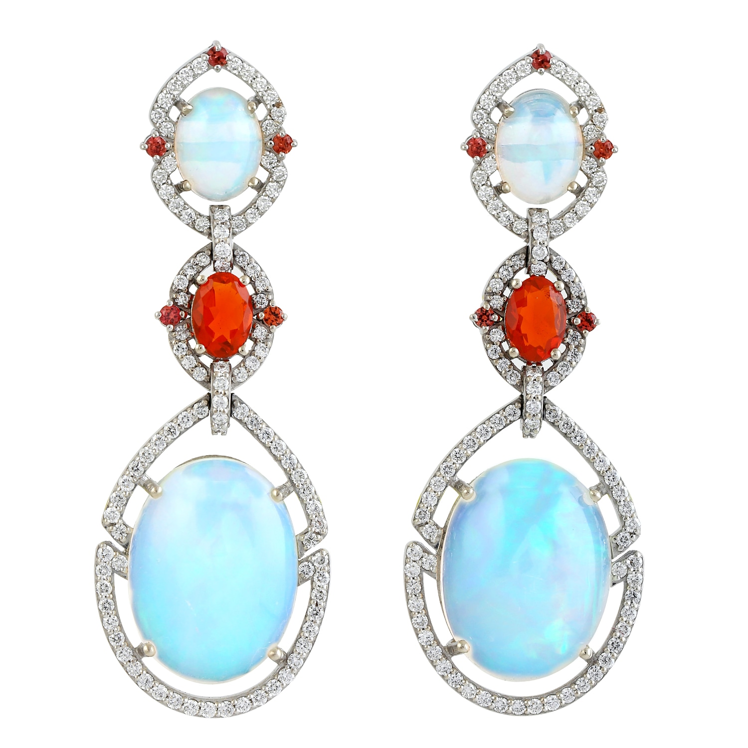 Women’s Yellow / Orange / White Ethiopian Opal & Fire Opal With Sapphire Pave Diamond In 18K White Gold Vintage Dangle Earrings Artisan