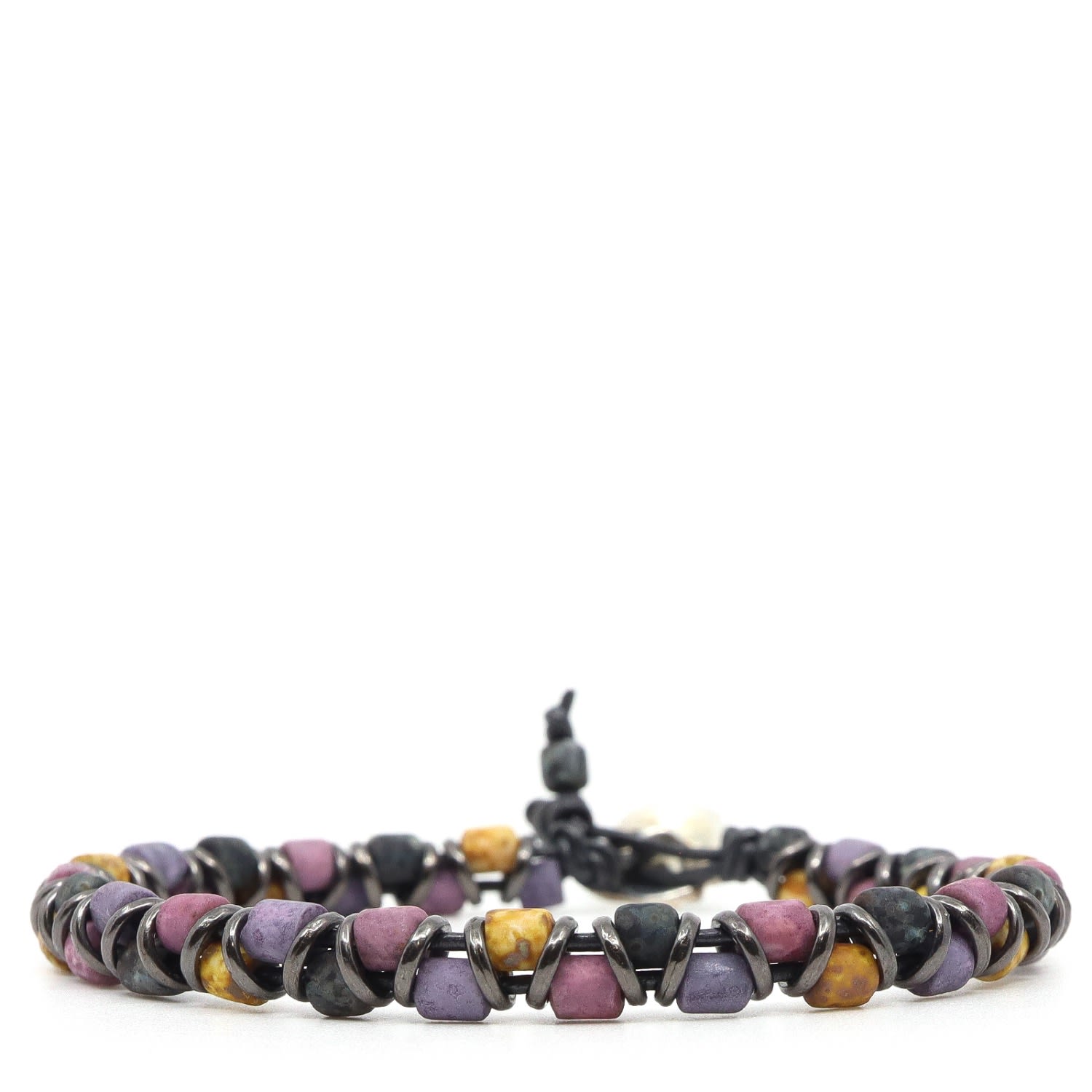 Shar Oke Men's Purple, Black & Yellow Picasso Czech Beads & Grey Leather Beaded Bracelet In Purple