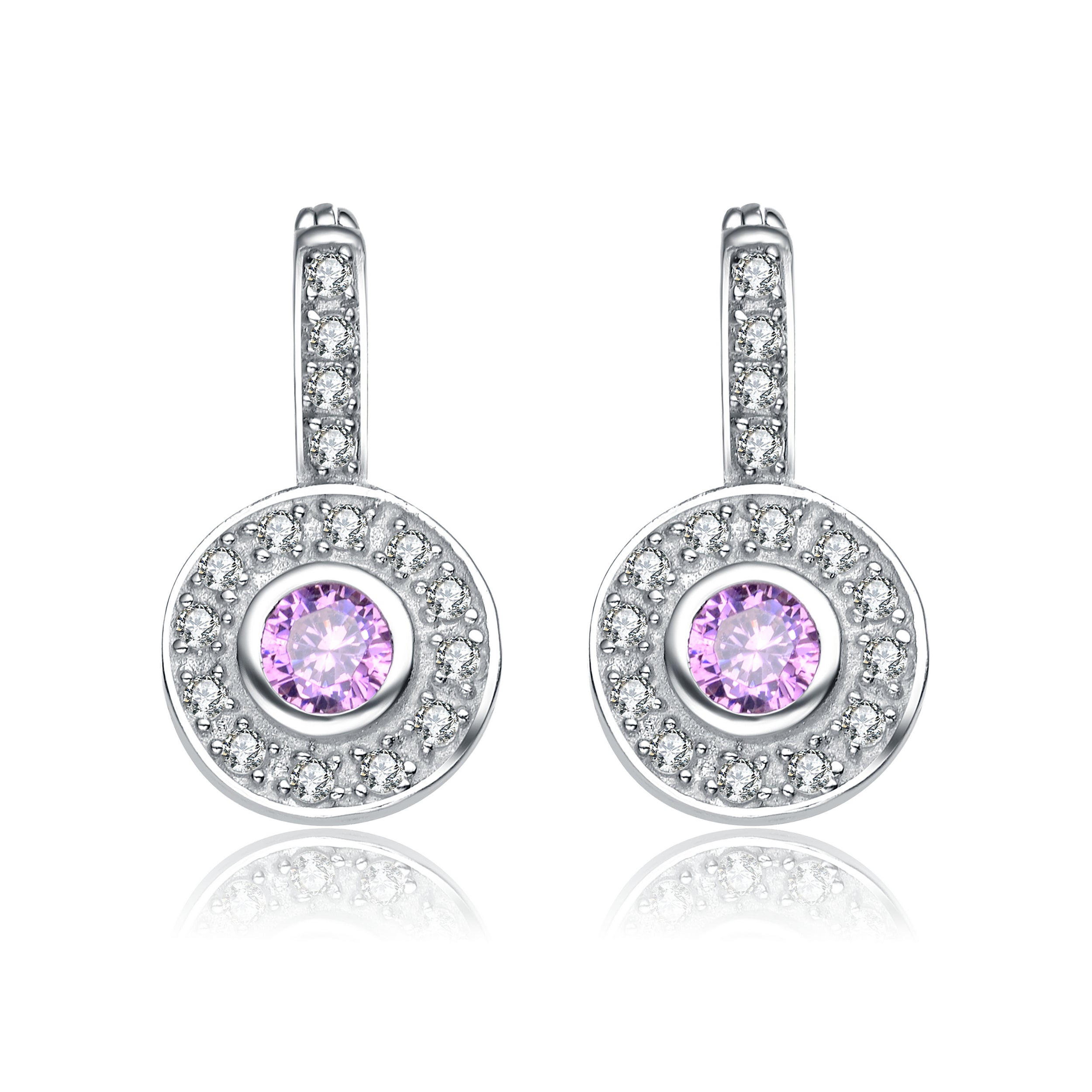 Genevive Jewelry Women's White / Pink Rachel Glauber White Gold Plated Round Dangle Earrings With Pink Cubic Zirconia In Multi