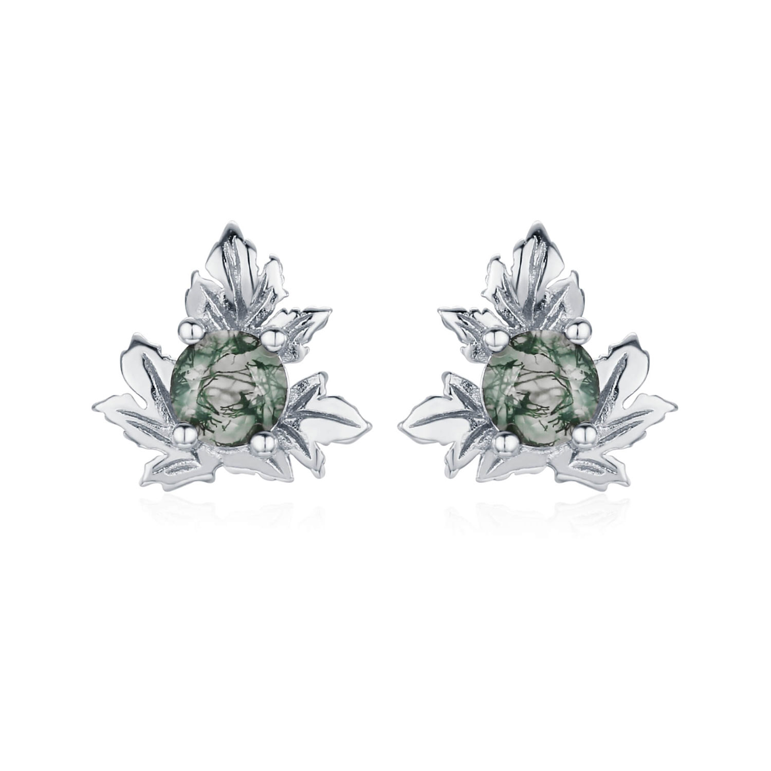 Azura Jewelry New York Women's Silver Frosted Fern Moss Agate Studs White Gold Vermeil