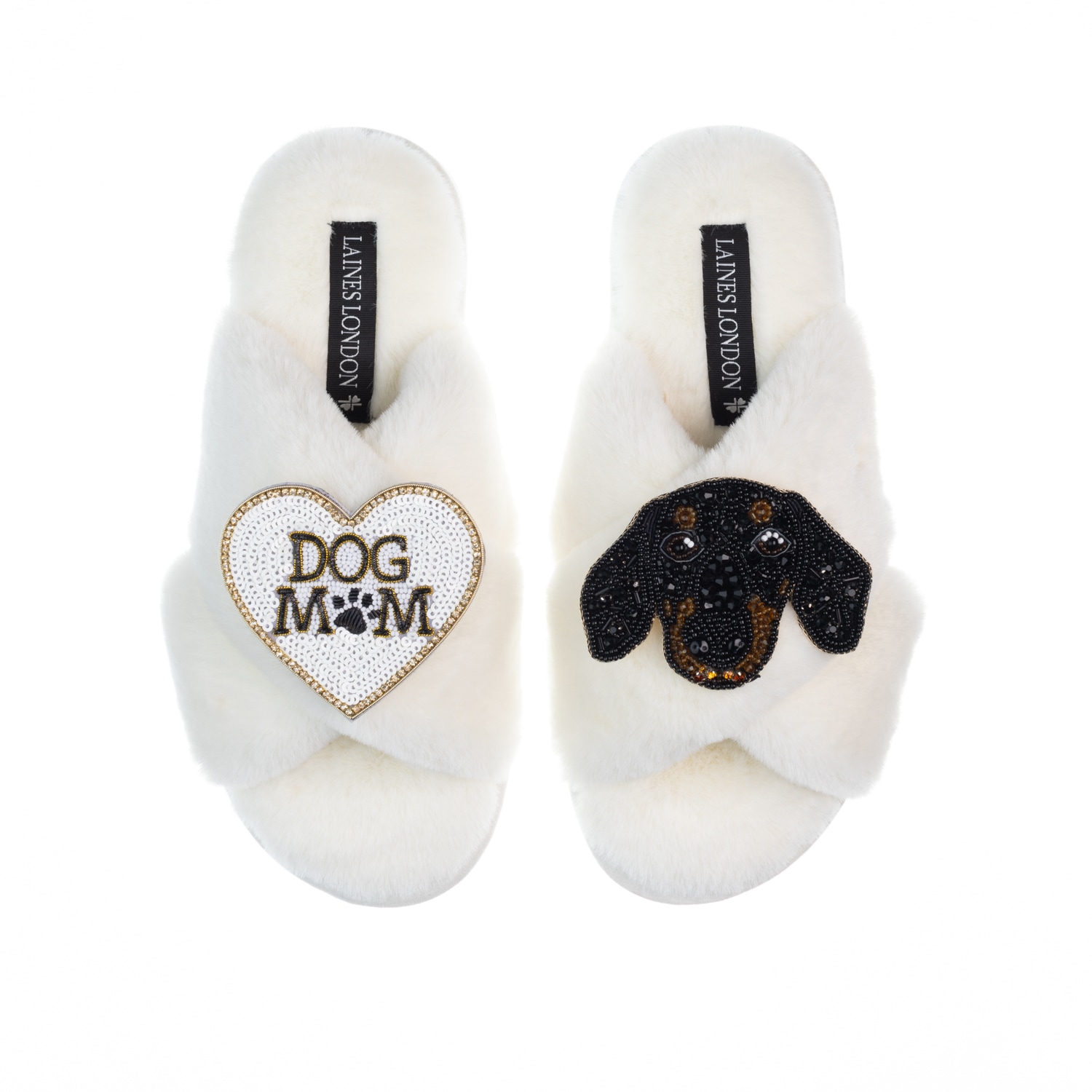 Women’s White Classic Laines Slippers With Little Sausage & Dog Mum / Mom Brooches - Cream Large Laines London