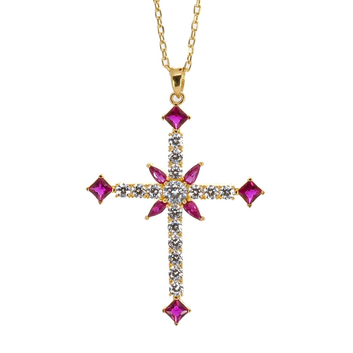 Women’s Gold / Pink / Purple Passion Diamond & Ruby Stone Cross Pendant Necklace - Pink Ebru Jewelry