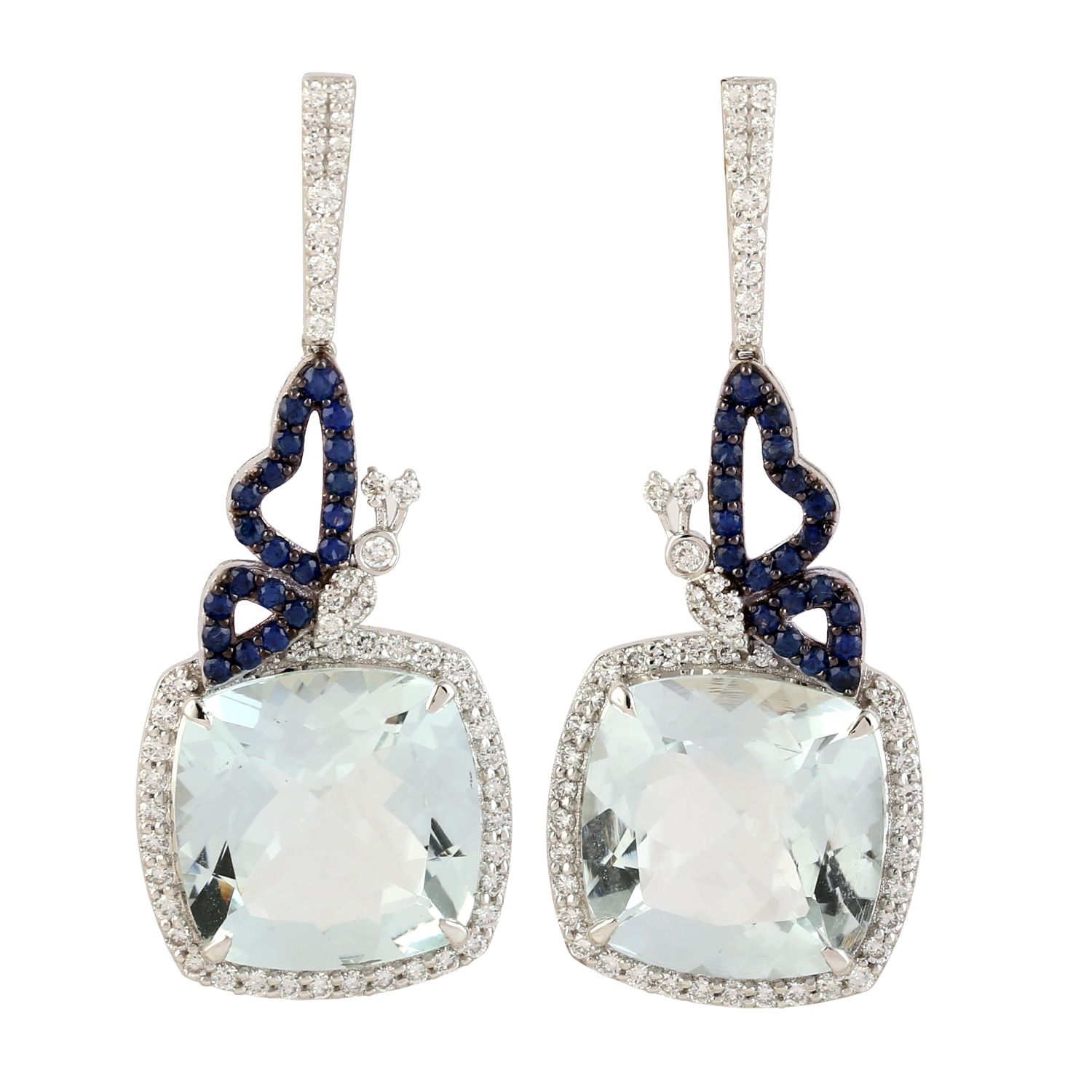 Women’s White / Blue 18K White Gold In Cushion Cut Aquamarine & Blue Sapphire Pave Diamond Butterfly Earrings Artisan